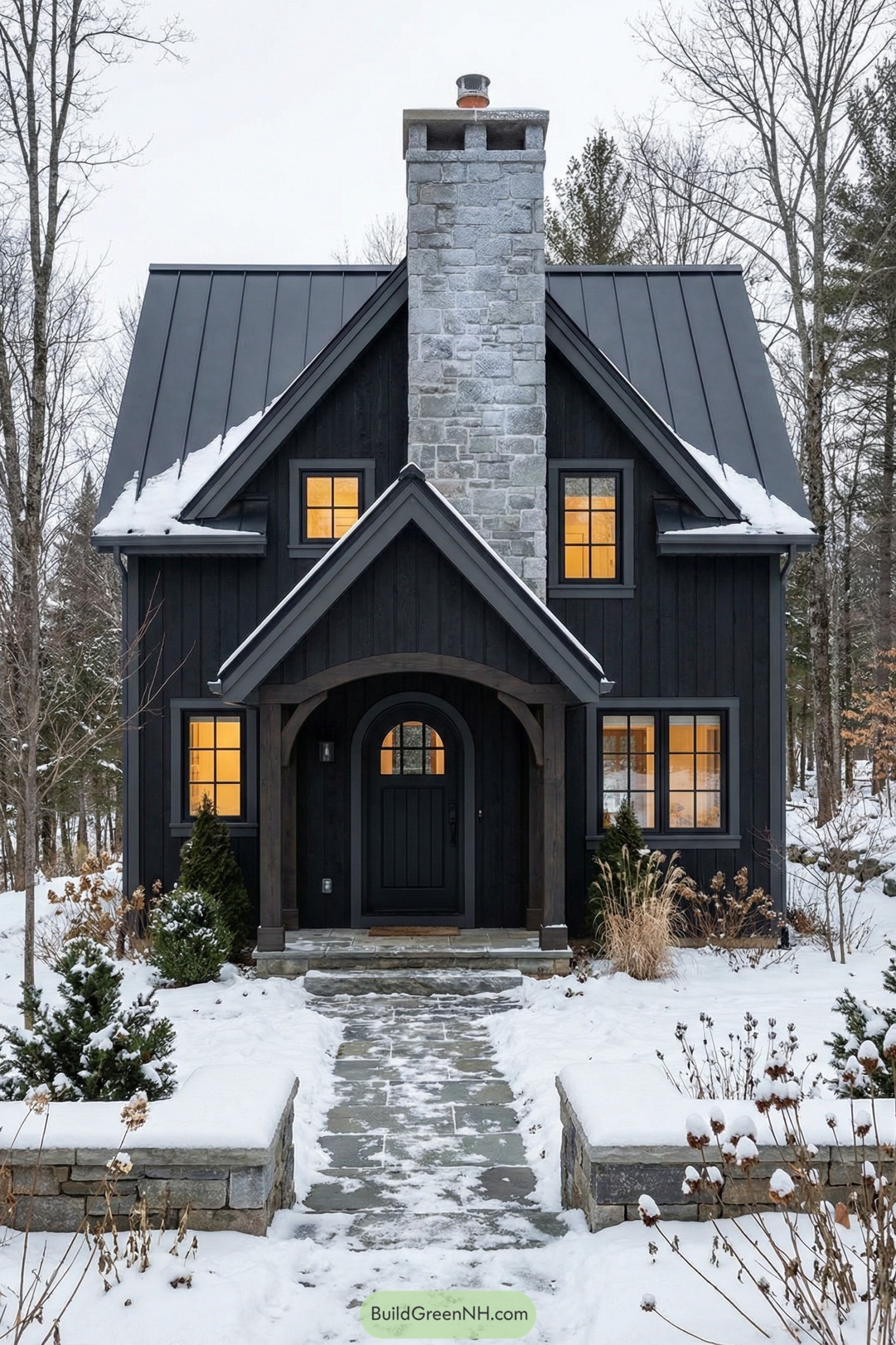 Black cottage with tall stone chimney in snowy woods