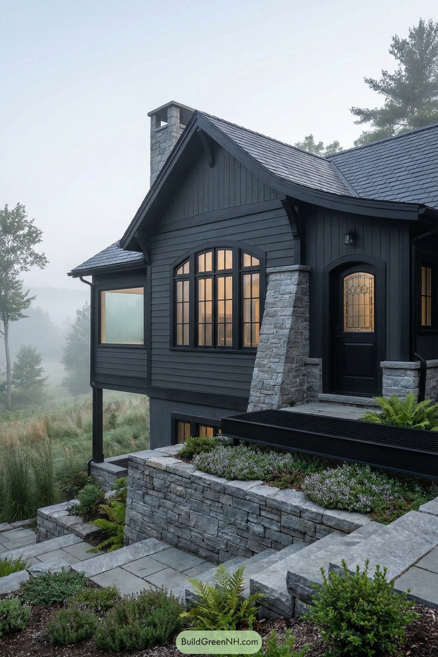 Dark gray cottage with stone terraces on a misty hillside