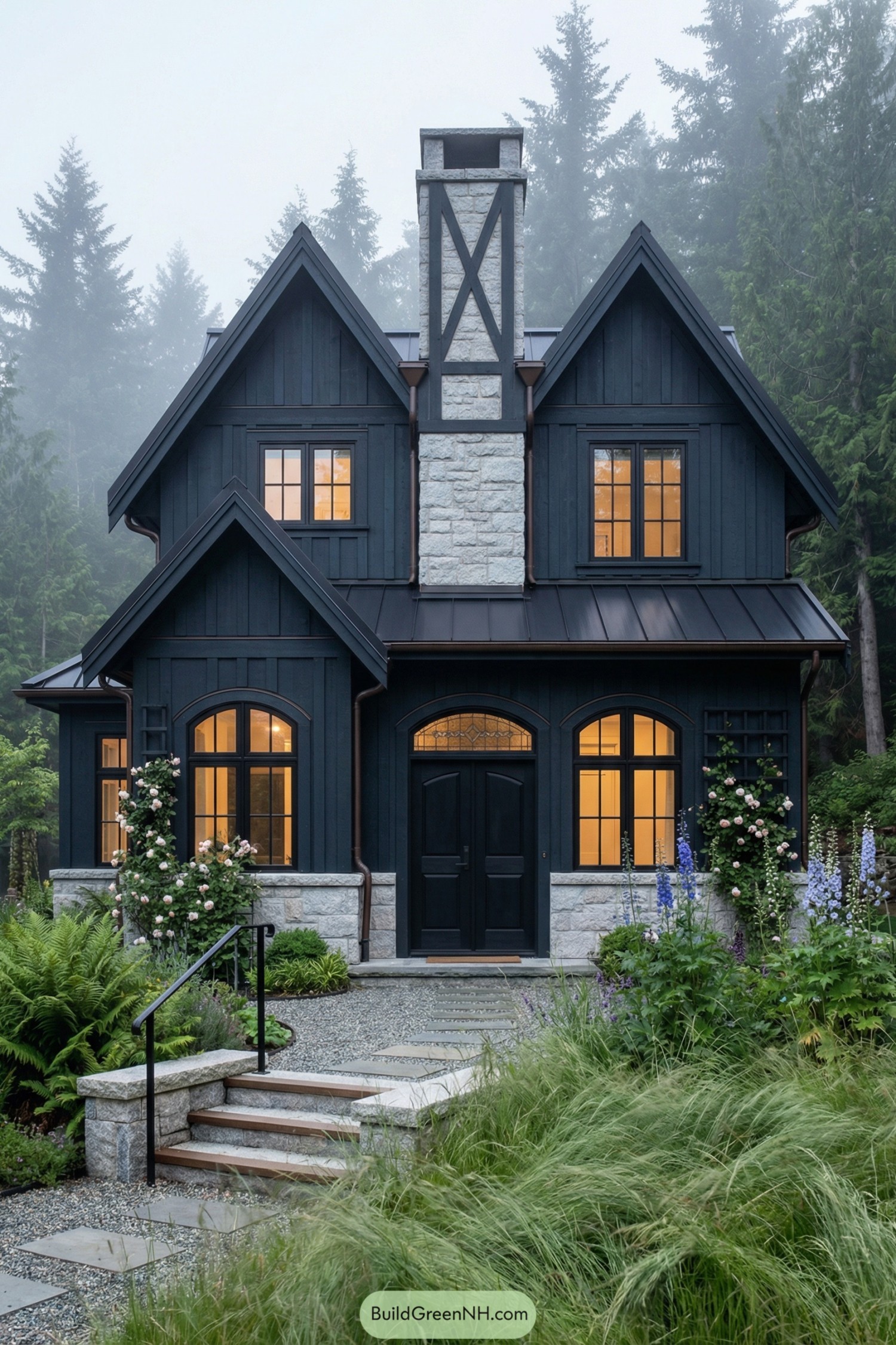 Dark cottage-style house with glowing windows