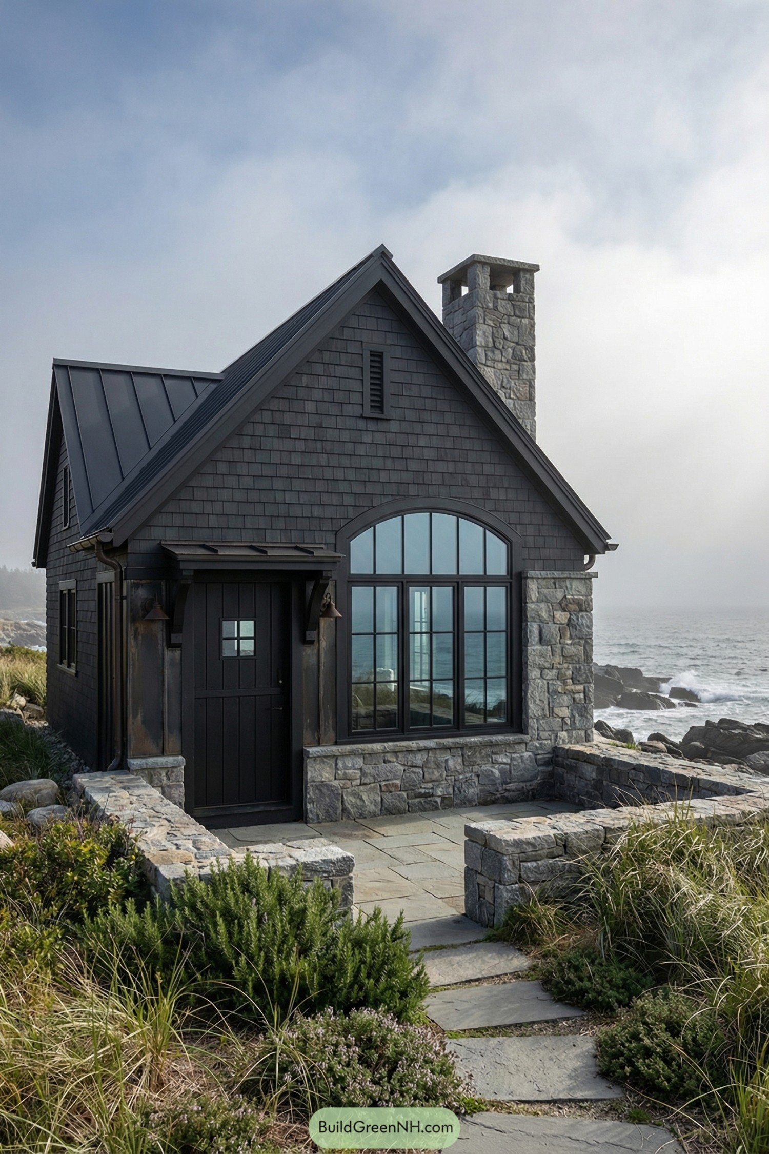 Dark shingled stone cottage overlooking a rocky ocean shoreline