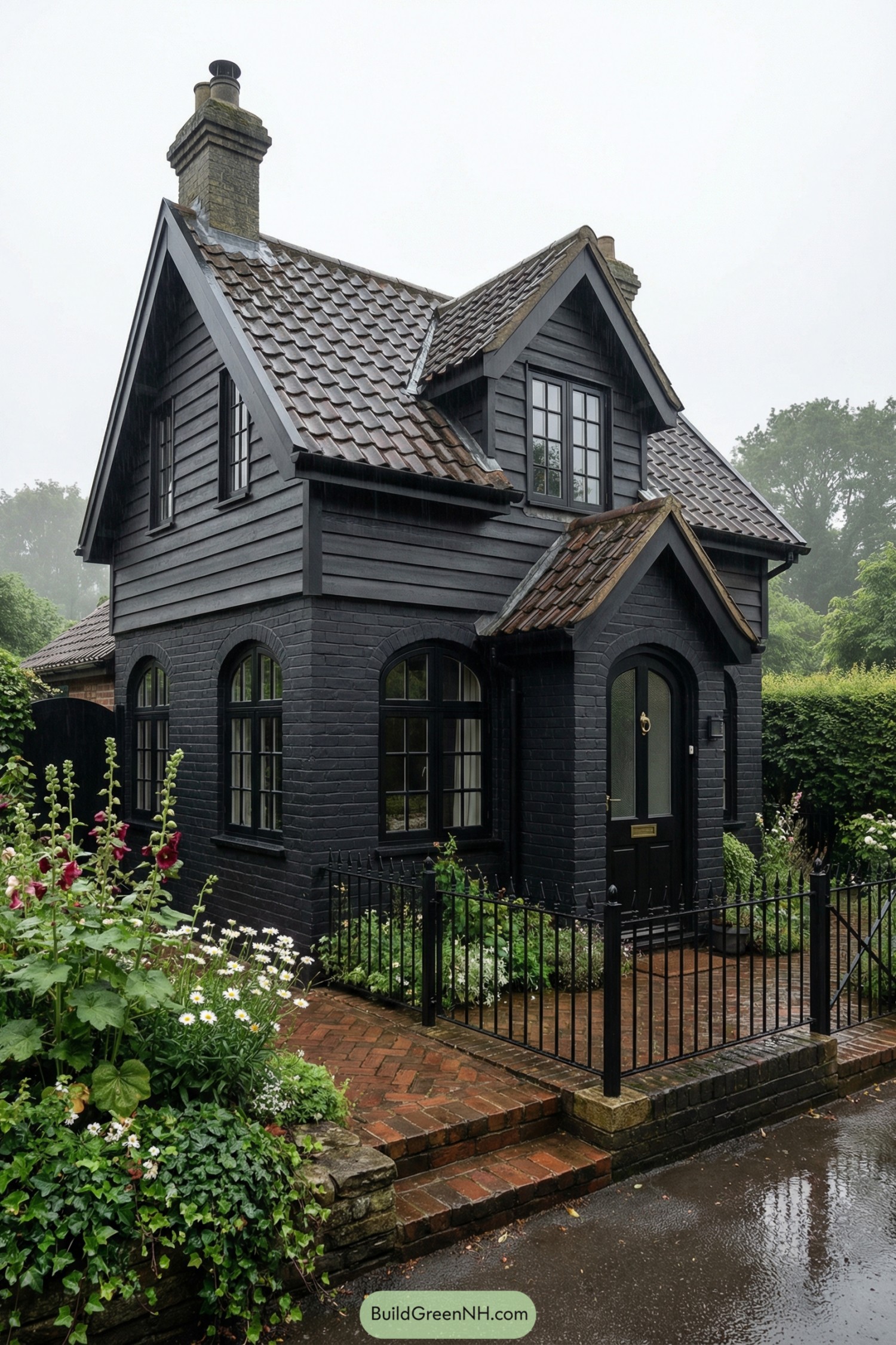 Compact black cottage with pitched tile roof, arched windows, and lush front garden on a rainy day