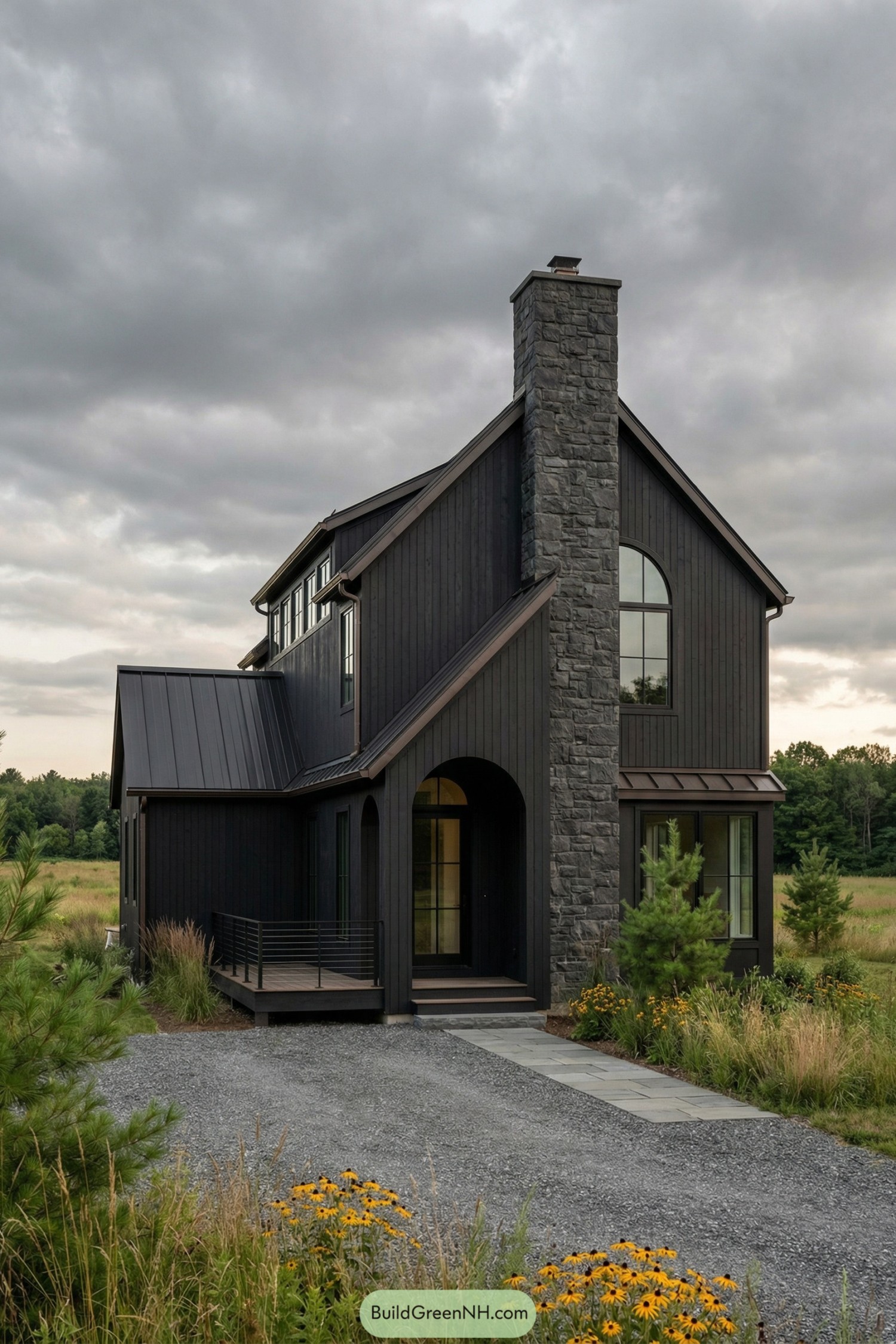 Dark charcoal cottage with tall stone chimney in an open meadow