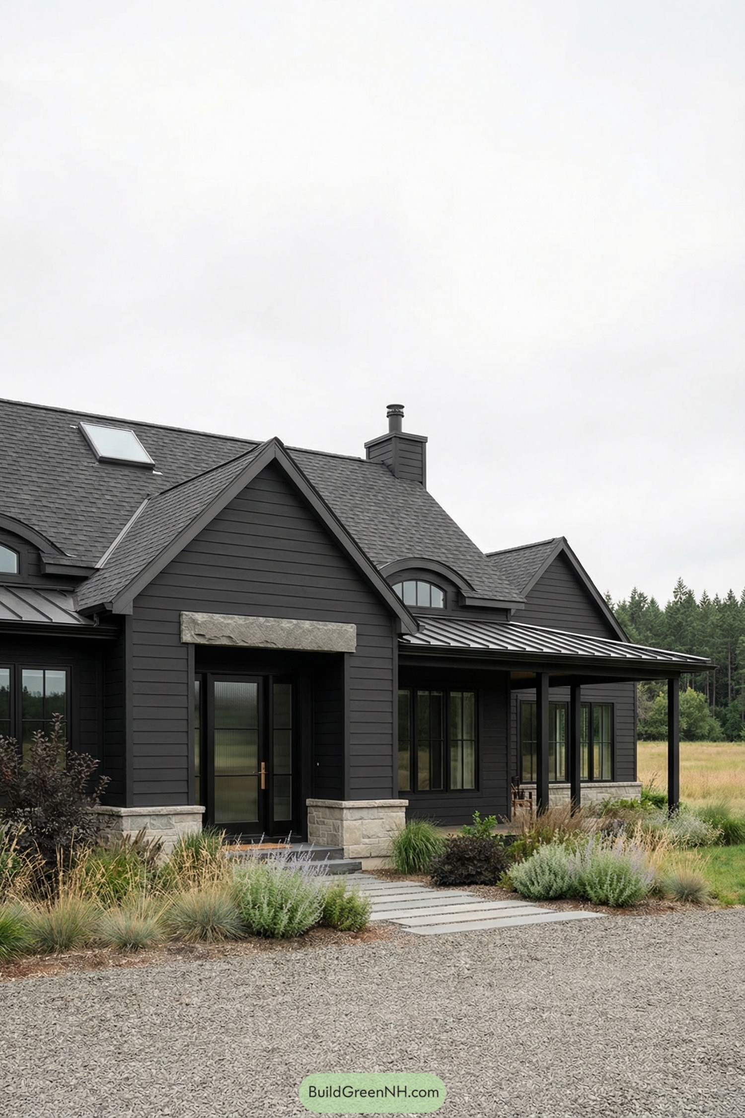 Dark modern cottage with charcoal siding, stone accents, and simple landscaping in an open field