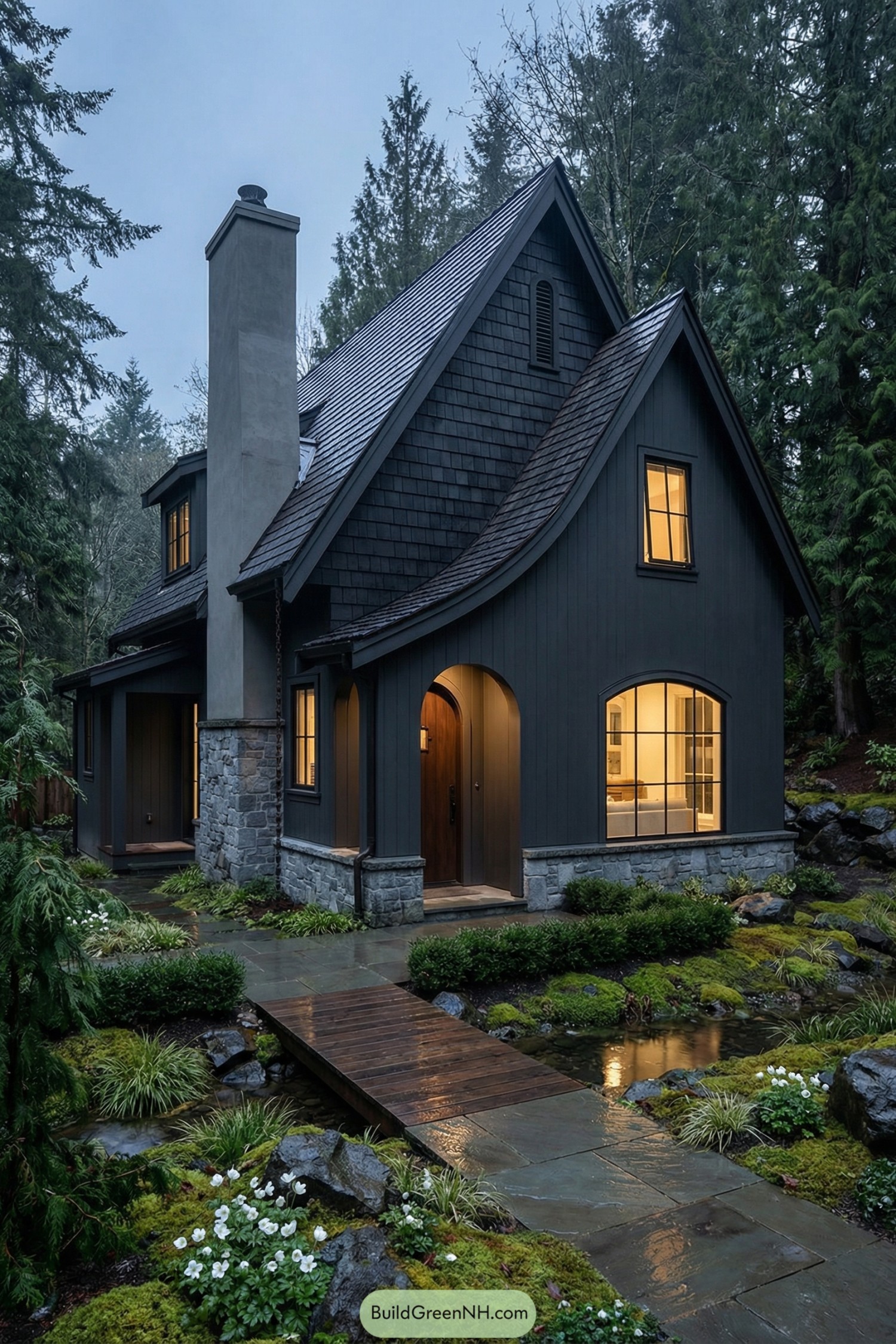 Dark charcoal cottage with steep roof, stone base, and lush mossy garden path over a small stream