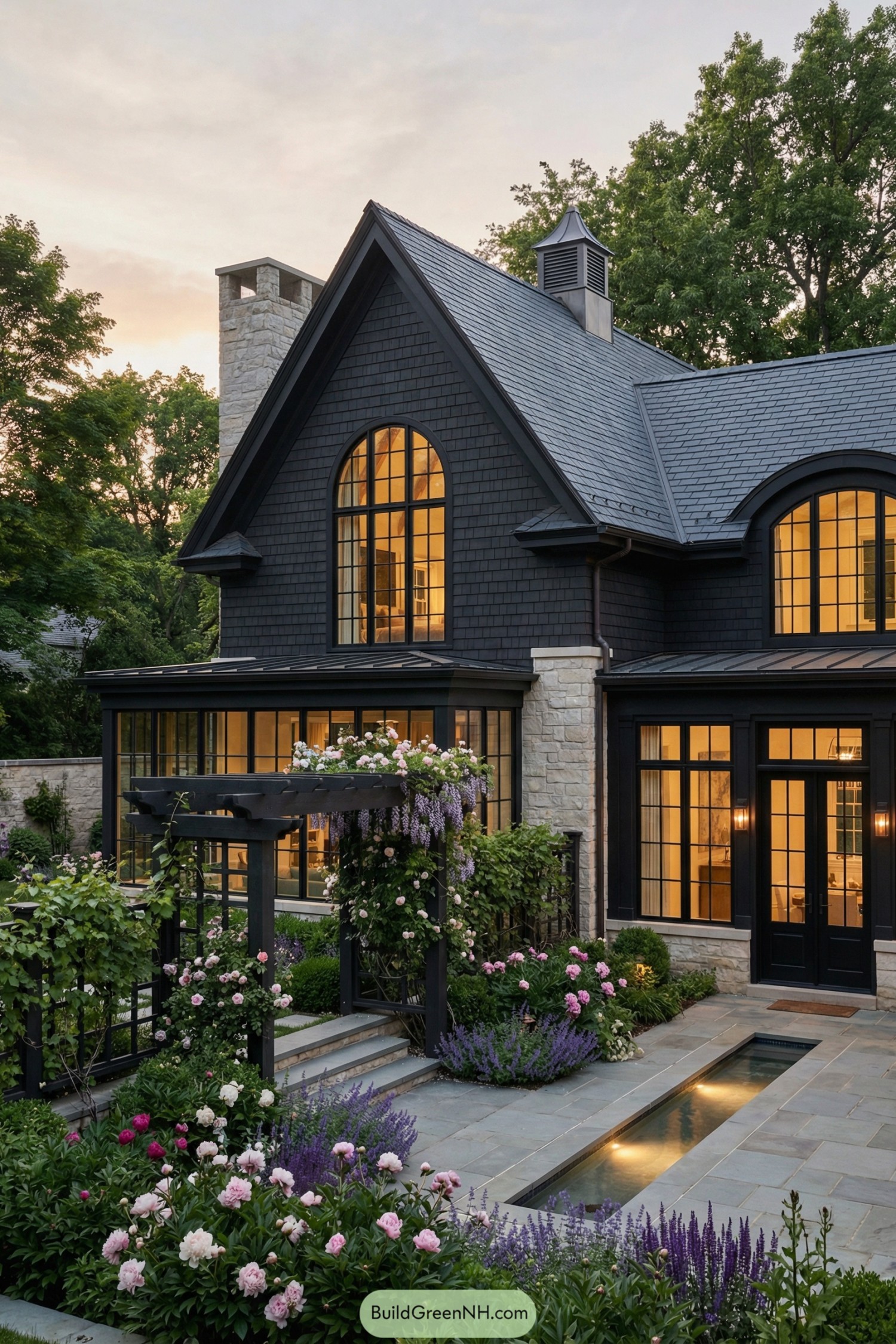 Dark shingled cottage with tall arched windows, stone accents, and a flower filled patio garden with pergola and narrow reflecting pool