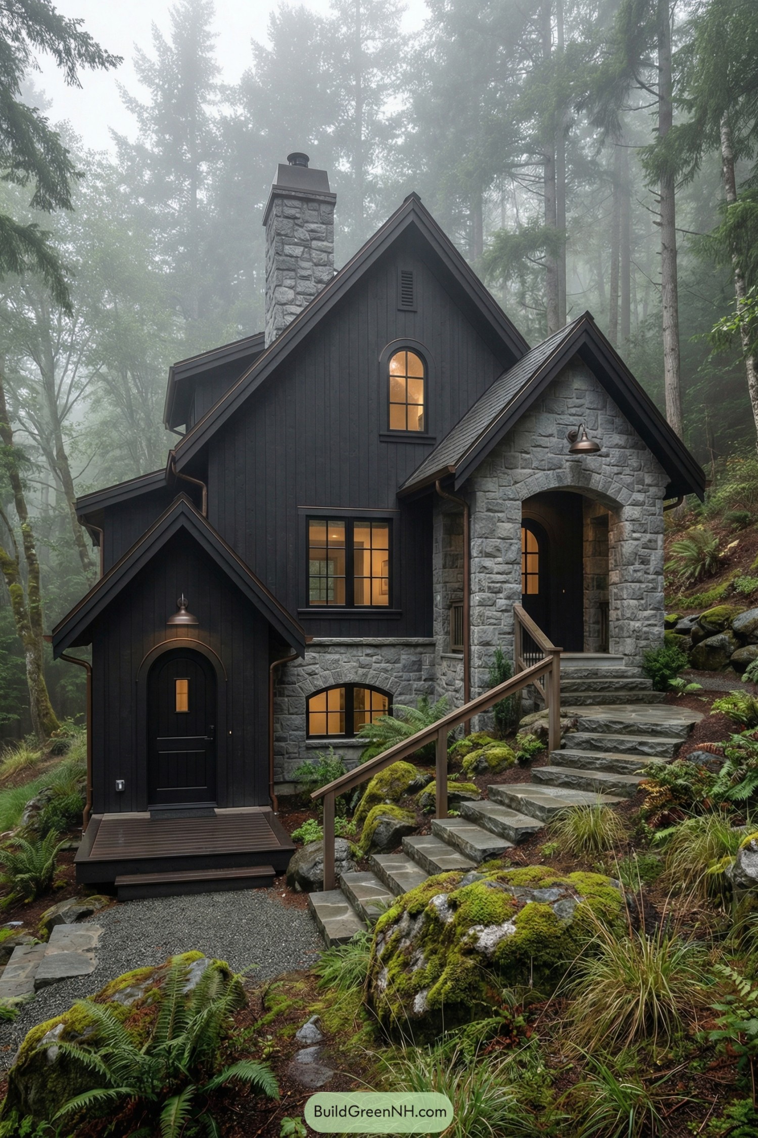Dark cottage with stone entry, stepped path, and mossy forest setting