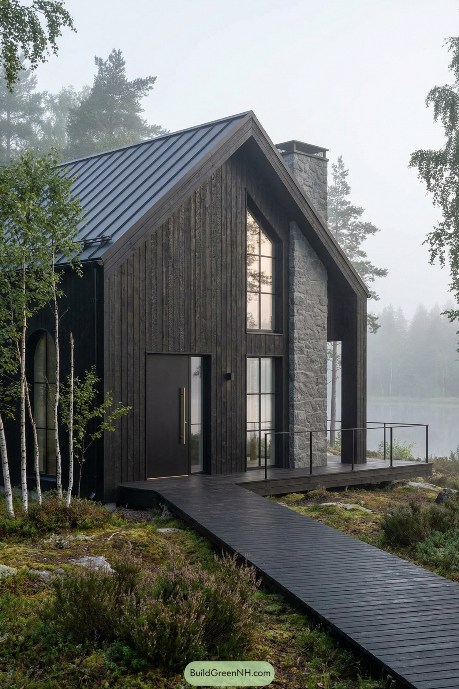 Dark wood cottage with tall windows and stone chimney beside a misty lake