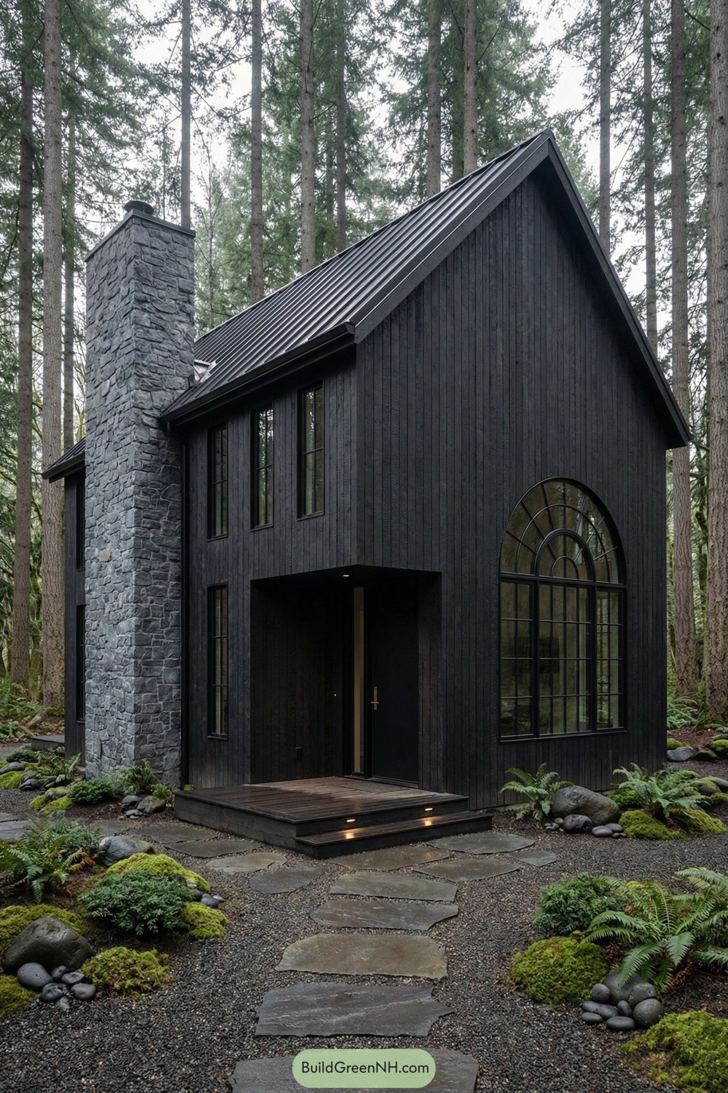 Dark charcoal cottage with tall stone chimney and arched window nestled in a dense evergreen forest