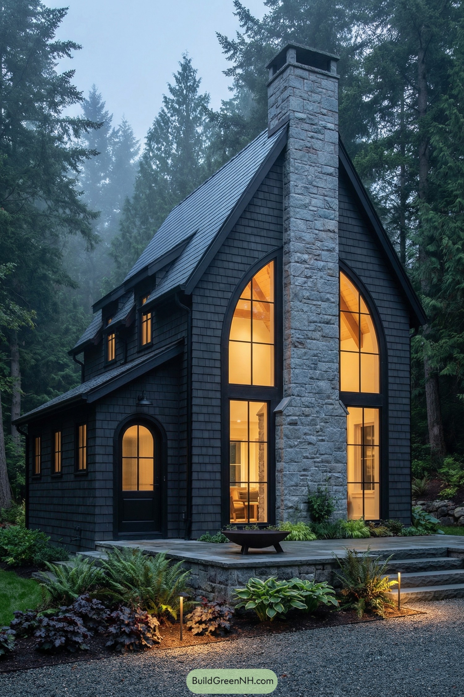 Dark shingled cottage with tall arched windows glowing in a misty forest