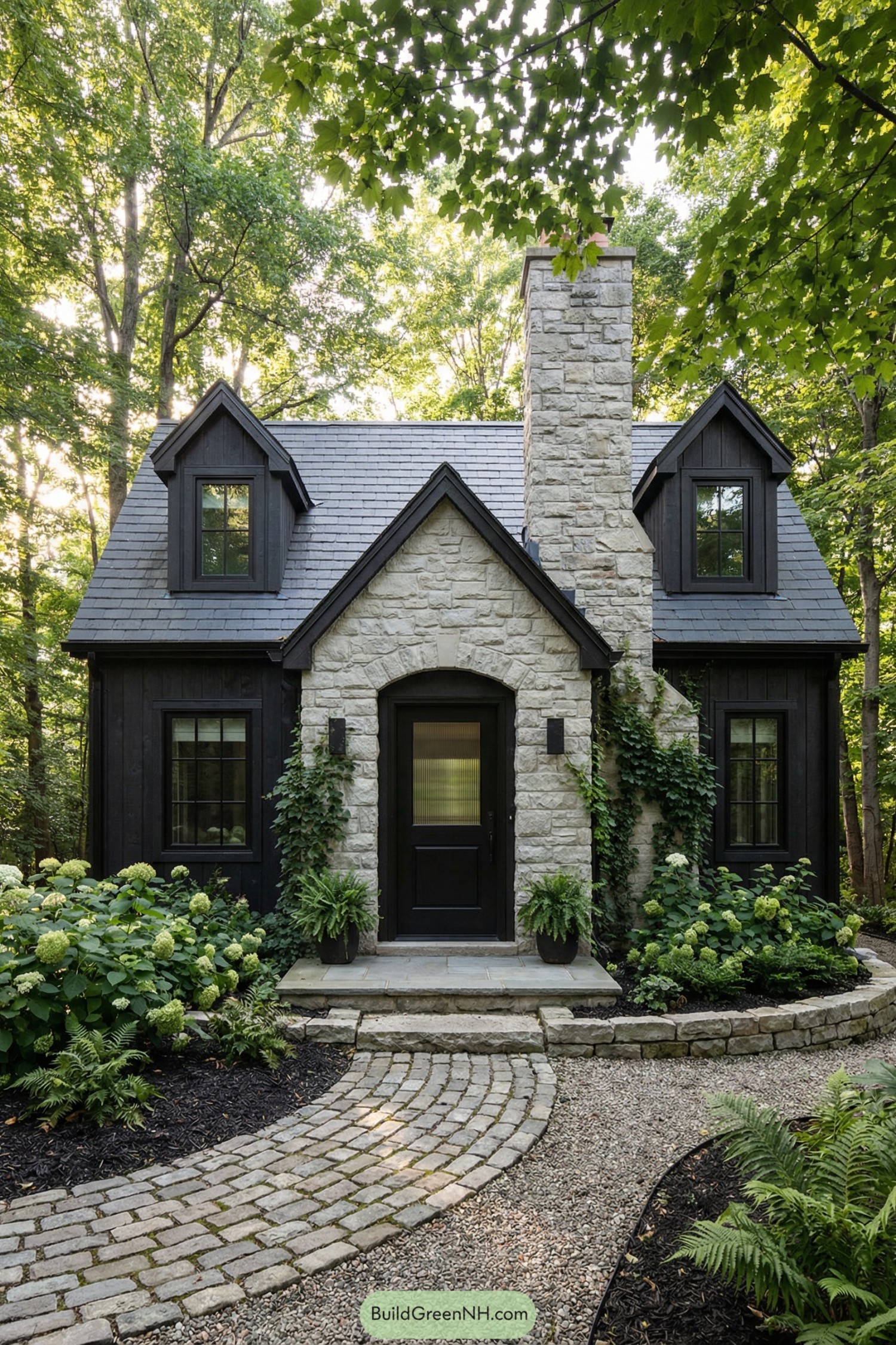 Dark cottage with pale stone entry, tall chimney, and lush woodland garden path