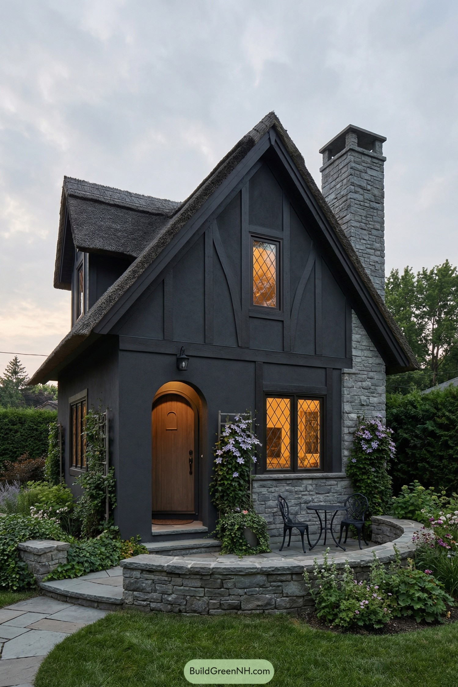 High-res photo of a dark modern cottagecore house with a refined Tudor-cottage influence, showcasing a steep front gable, a prominent stone chimney, and a subtle arched entry niche, colored in deep charcoal stucco with black half-timber accents and cool gray stone; the structure is compact with a slightly flared base and a small side gable; materials include smooth stucco, timber trim, and stacked stone; roofing is dark thatch-like textured shingles in black-brown tones with a thick eave edge; windows are leaded-glass style with black frames and diamond muntins, softly illuminated from within; the door is a rounded-top door with vertical boards and an iron ring handle; outdoor structures include a curved stone path, a low dry-stone wall, and a small alcove terrace with a black metal bistro set silhouette; landscaping is abundant with cottage perennials, ivy, and climbing clematis on a trellis; surrounding environment is a dense hedgerow boundary and distant tree line; late golden hour muted by cloud cover, single real-life photo, high-resolution, architectural photography, soft lighting, cinematic composition, strictly no collages.