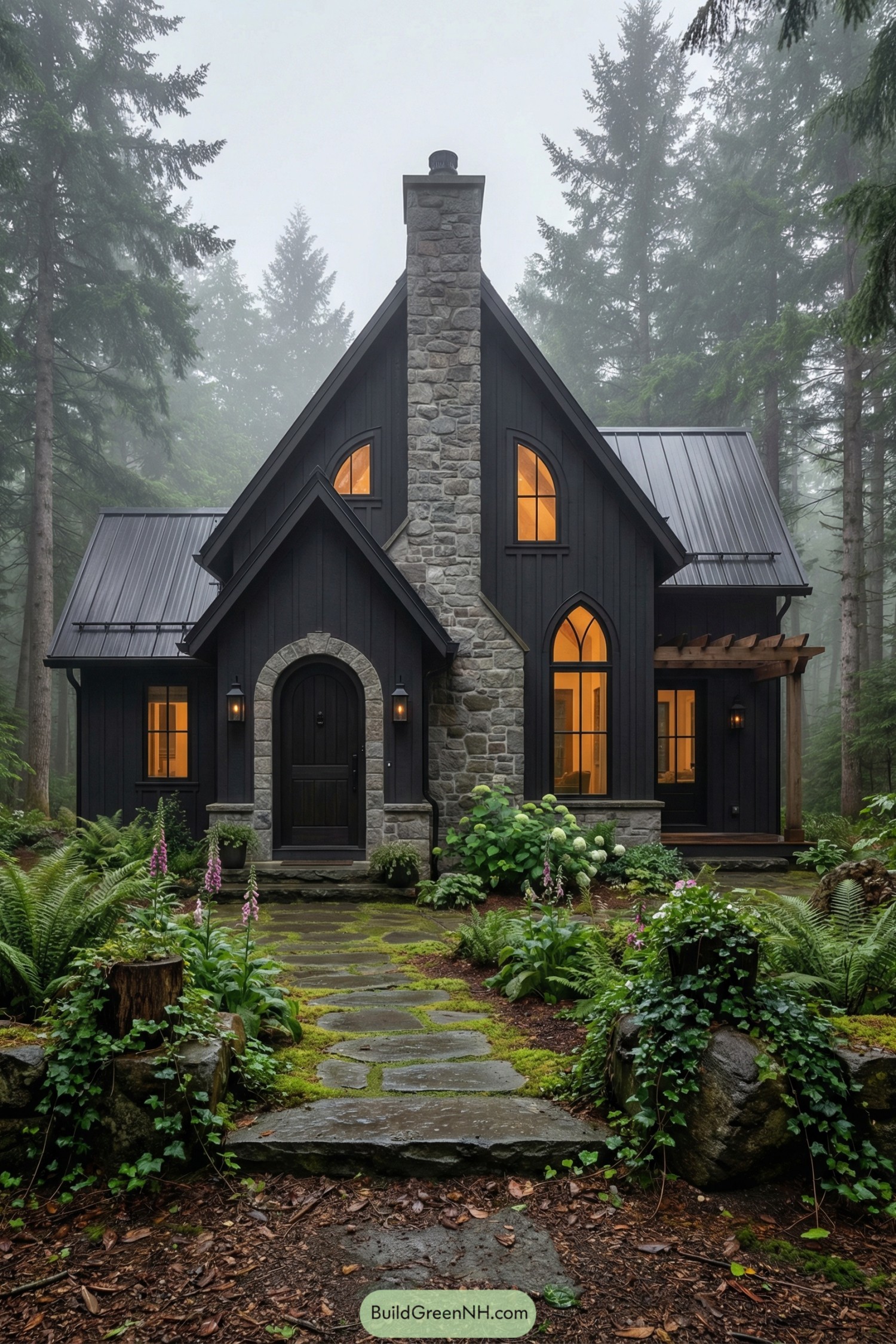 Dark woodland cottage with stone chimney and glowing windows