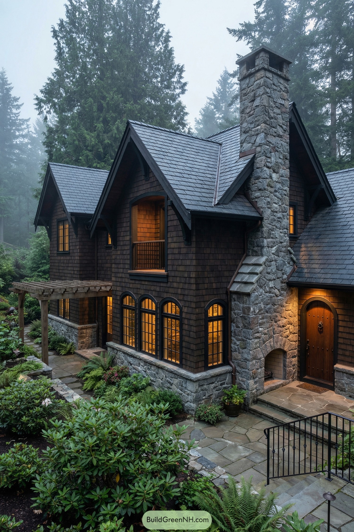 Stone and shingle cottage with warm glowing windows nestled in a misty forest garden