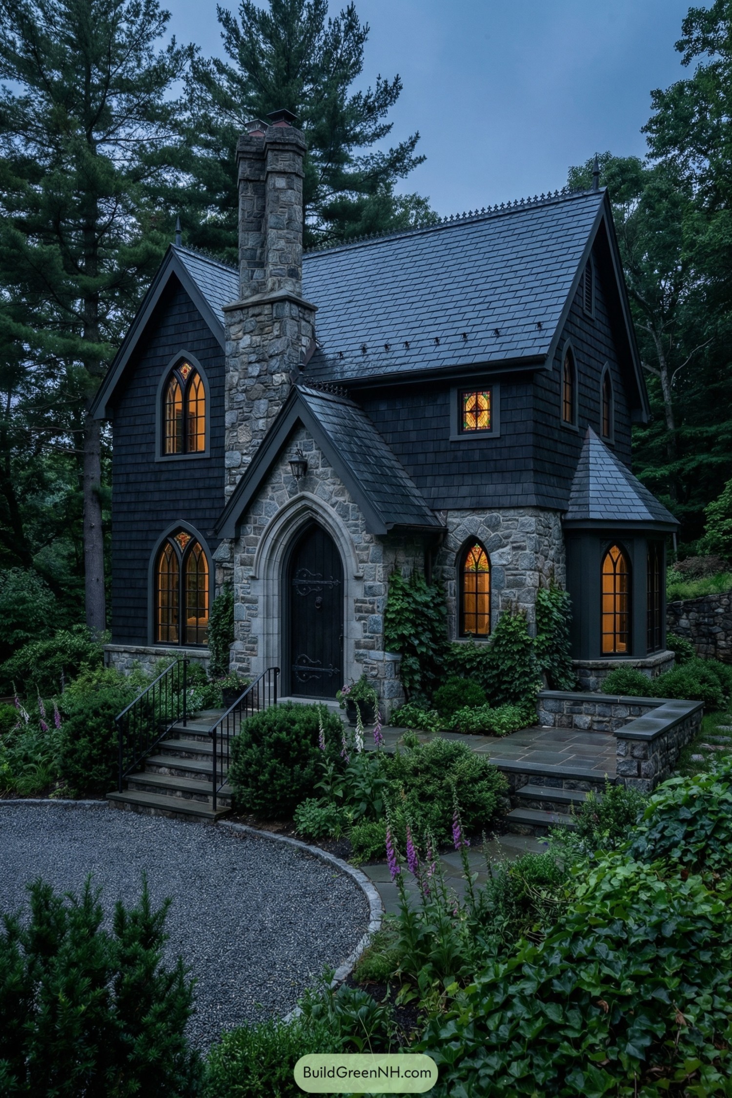 Dark stone cottage with gothic windows glowing warmly in a lush forest garden