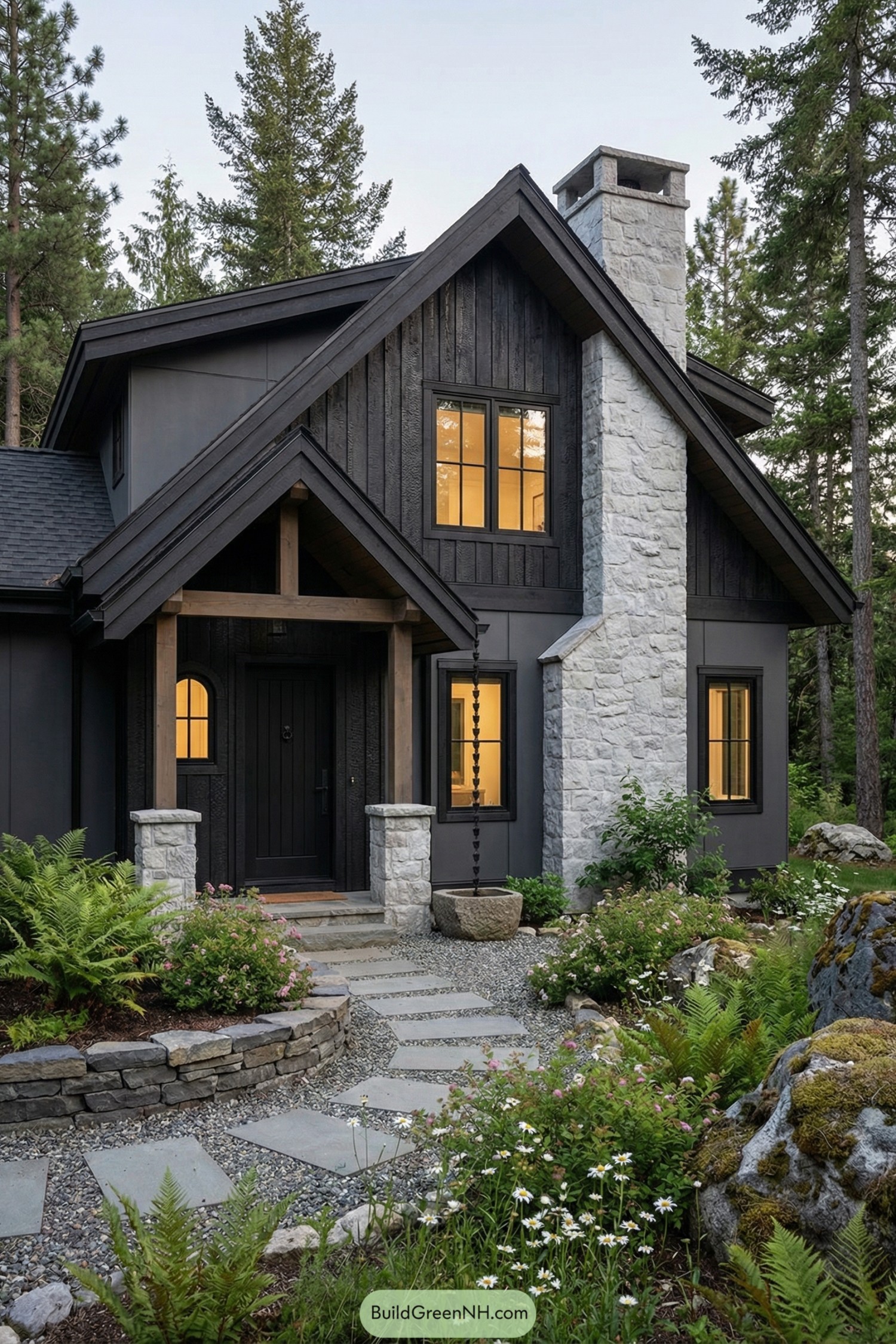 Dark cottage with stone chimney framed by lush forest garden path