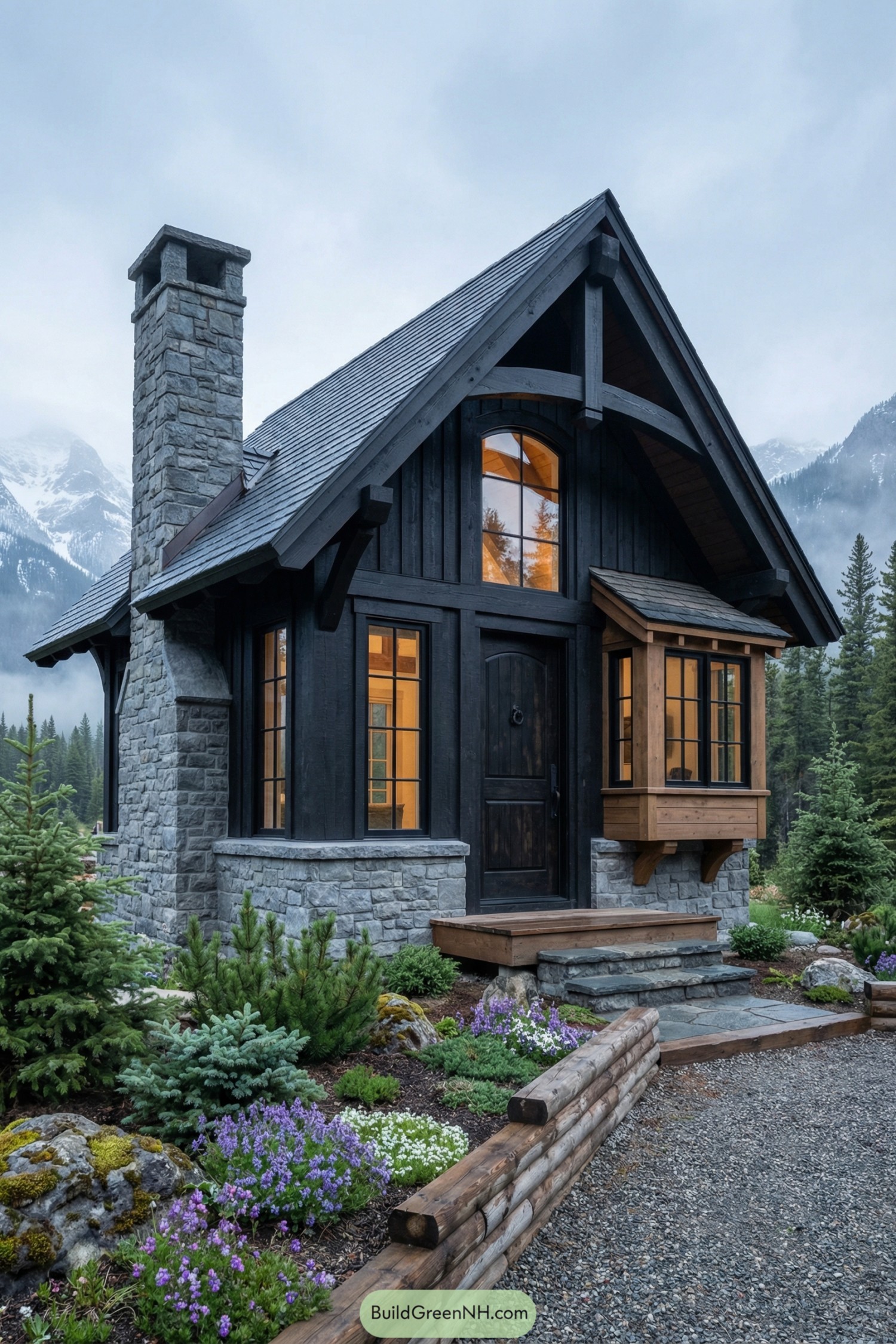 Dark timber cottage with stone chimney and bay window in misty mountain setting