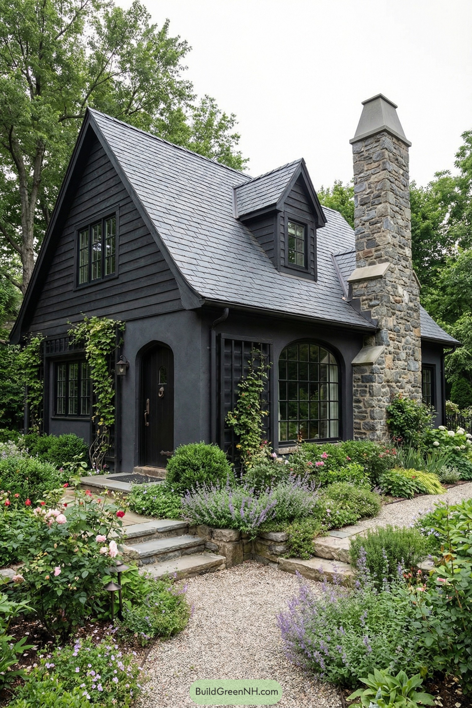 Dark charcoal cottage with steep roof, stone chimney, and lush flowering garden in front