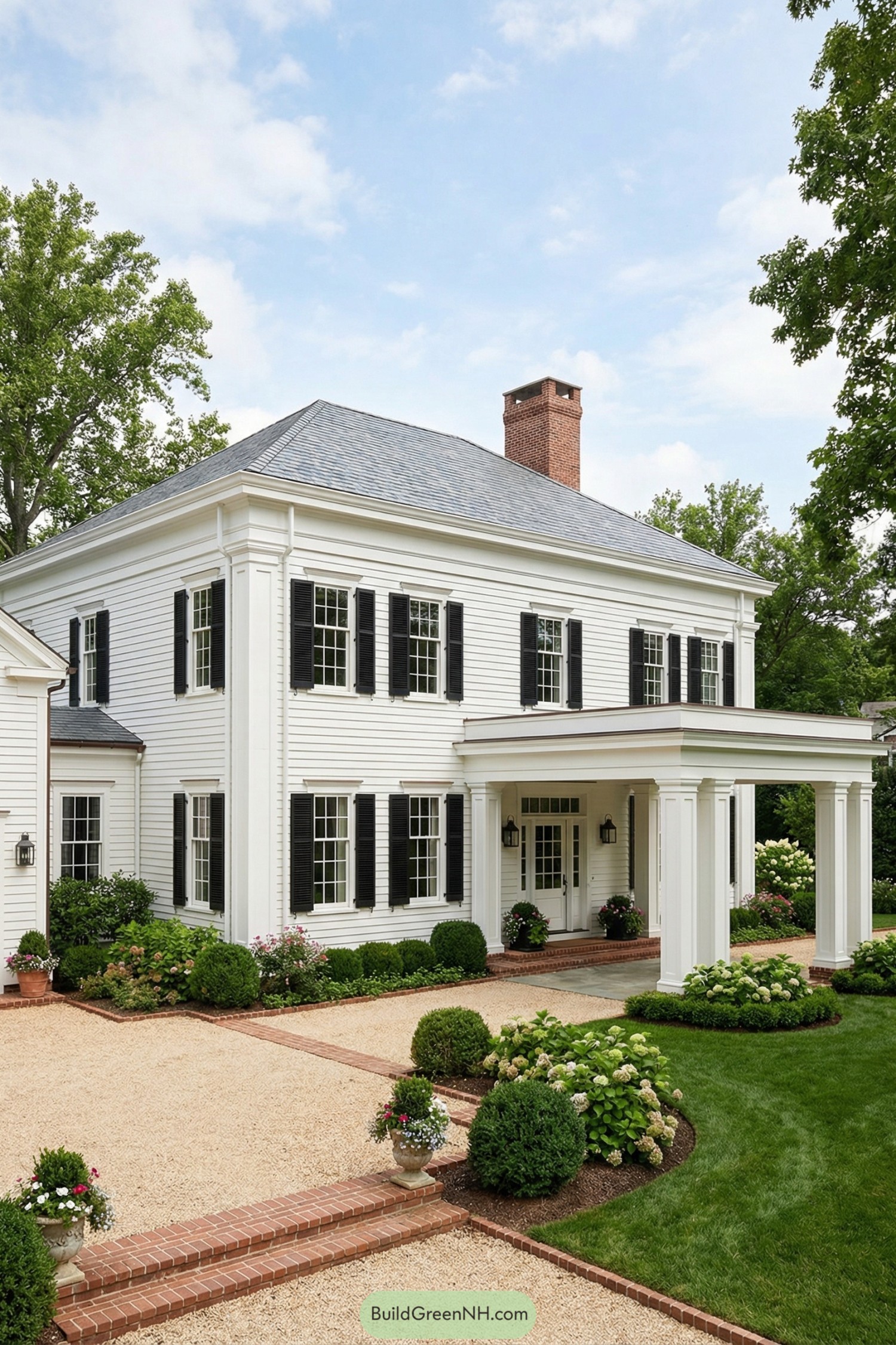White two story house with black shutters and a columned entry surrounded by manicured gardens