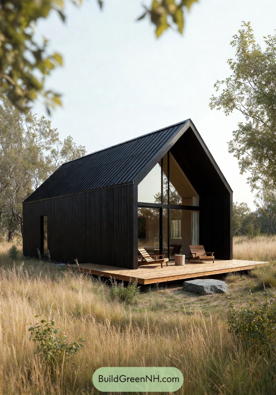 Modern black cabin with tall gabled roof and glass front opening onto a simple wooden deck in a grassy field