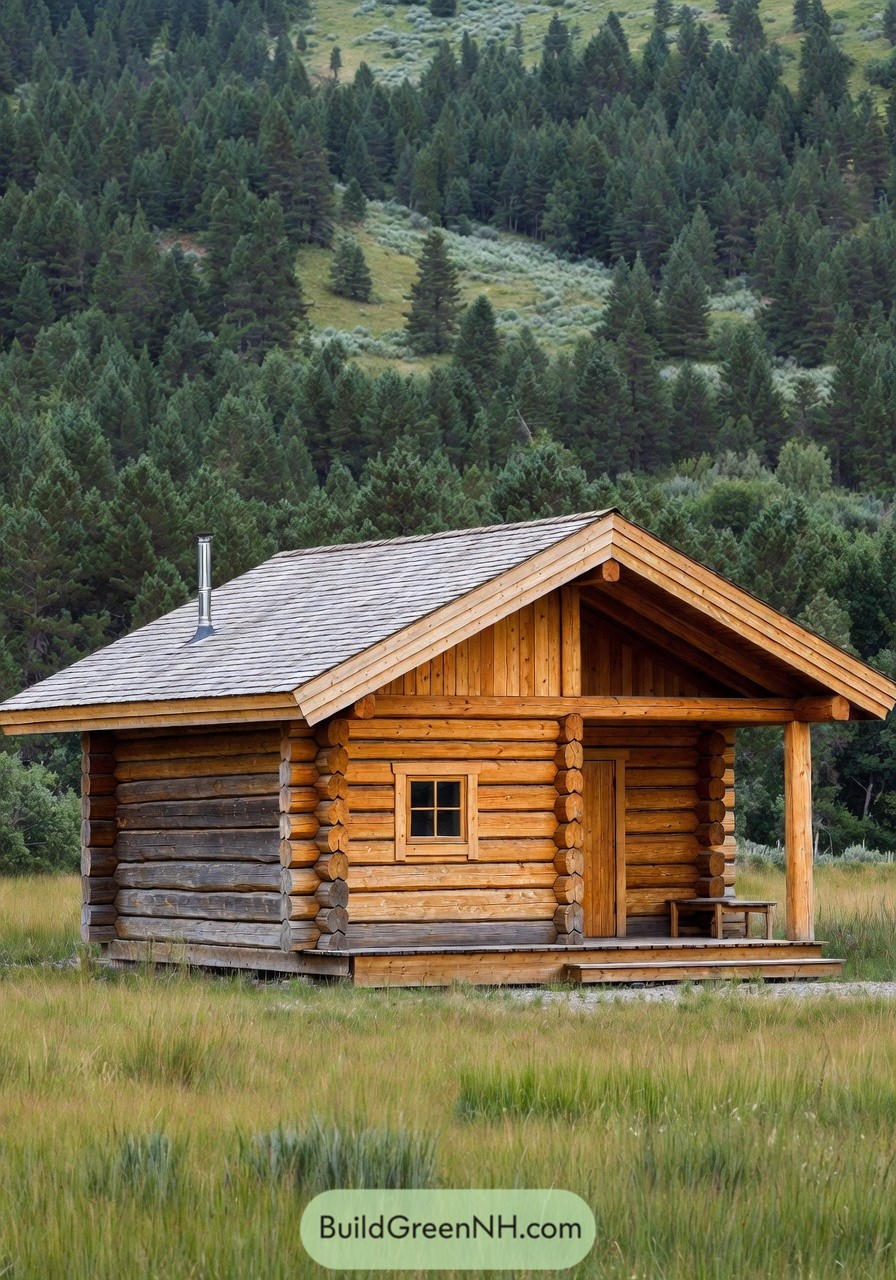 Small log cabin with front porch in a grassy meadow backed by dense forested hills