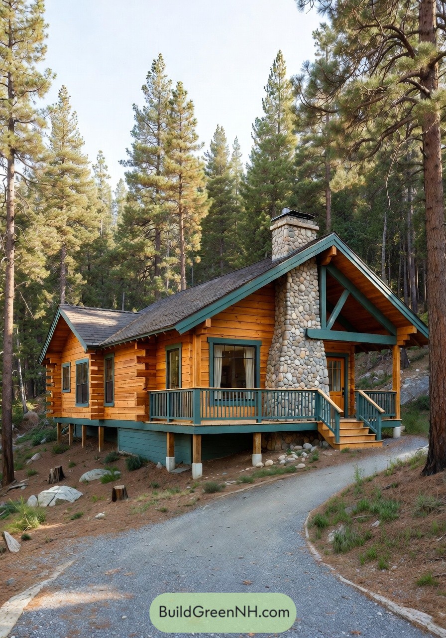 Cozy log cabin with teal trim and tall stone chimney nestled in a pine forest
