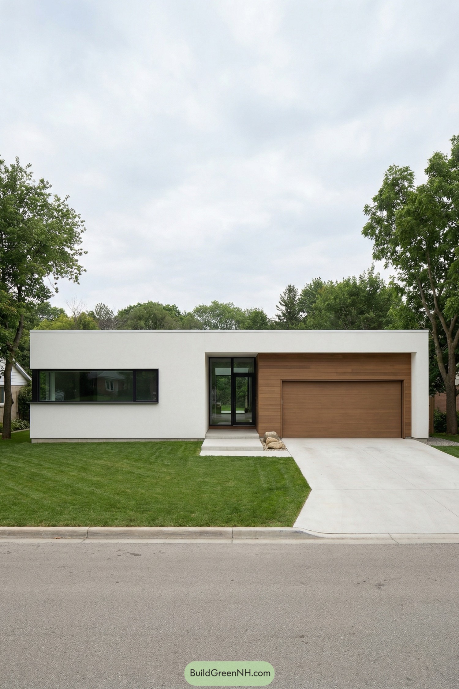Modern white stucco house with flat roof and warm wood garage front