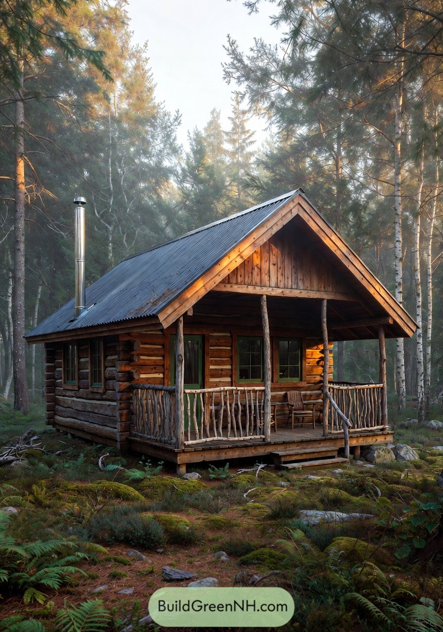 Rustic log cabin with twig-railed porch set in a misty forest