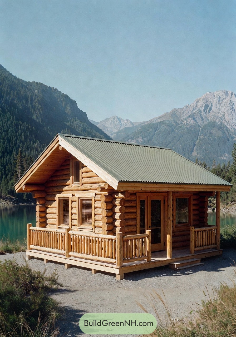 Small log cabin with front porch by a mountain lake