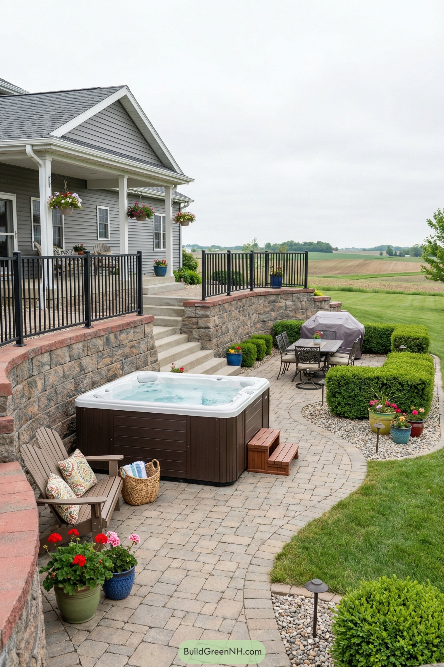 Backyard hot tub patio with seating and field view