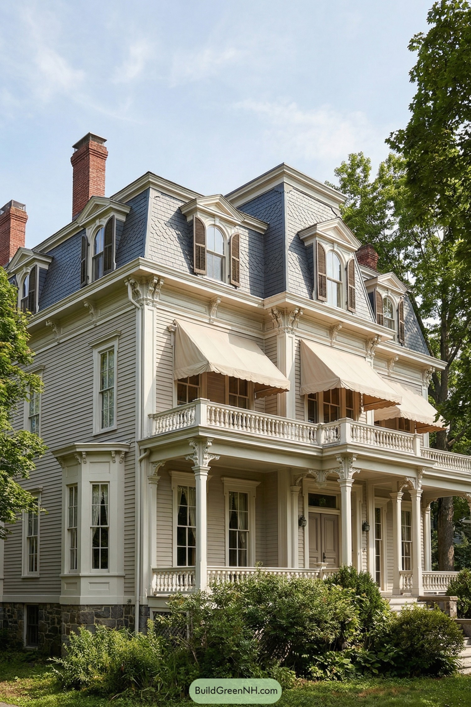 Cream painted mansard roof house with tall chimneys, arched dormer windows, and canvas awnings over an ornate wraparound porch