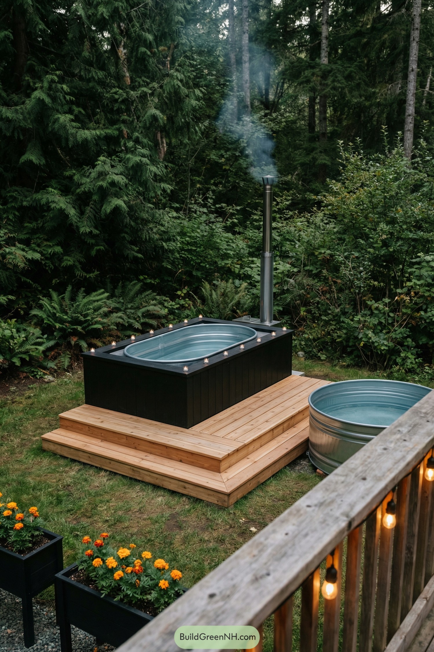 Rectangular woodfired hot tub on a small cedar deck with a nearby stock tank pool in a forested backyard
