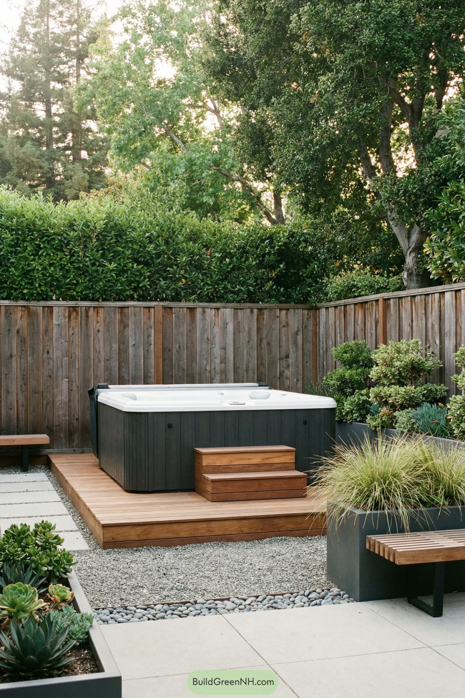 Modern hot tub set on a wood platform in a landscaped backyard
