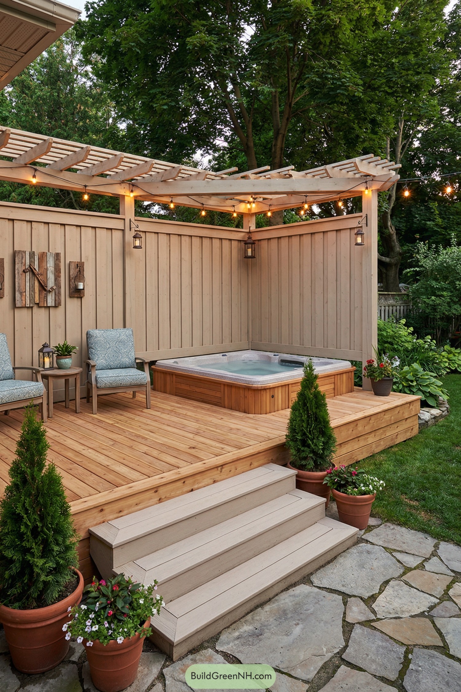 Cozy wooden deck with built-in hot tub under pergola lighting