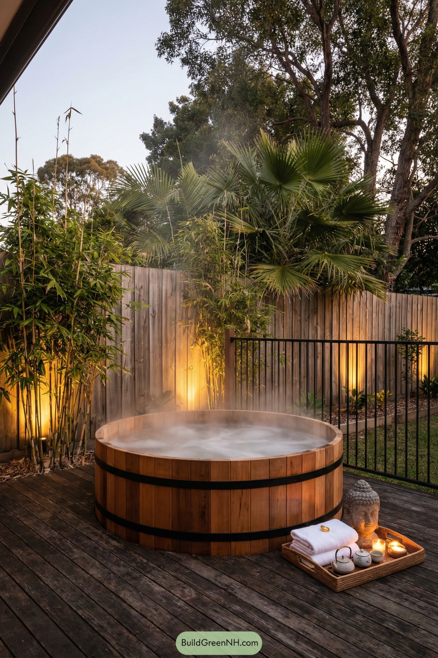 Round wooden hot tub steaming on a deck with bamboo plants and warm fence lighting