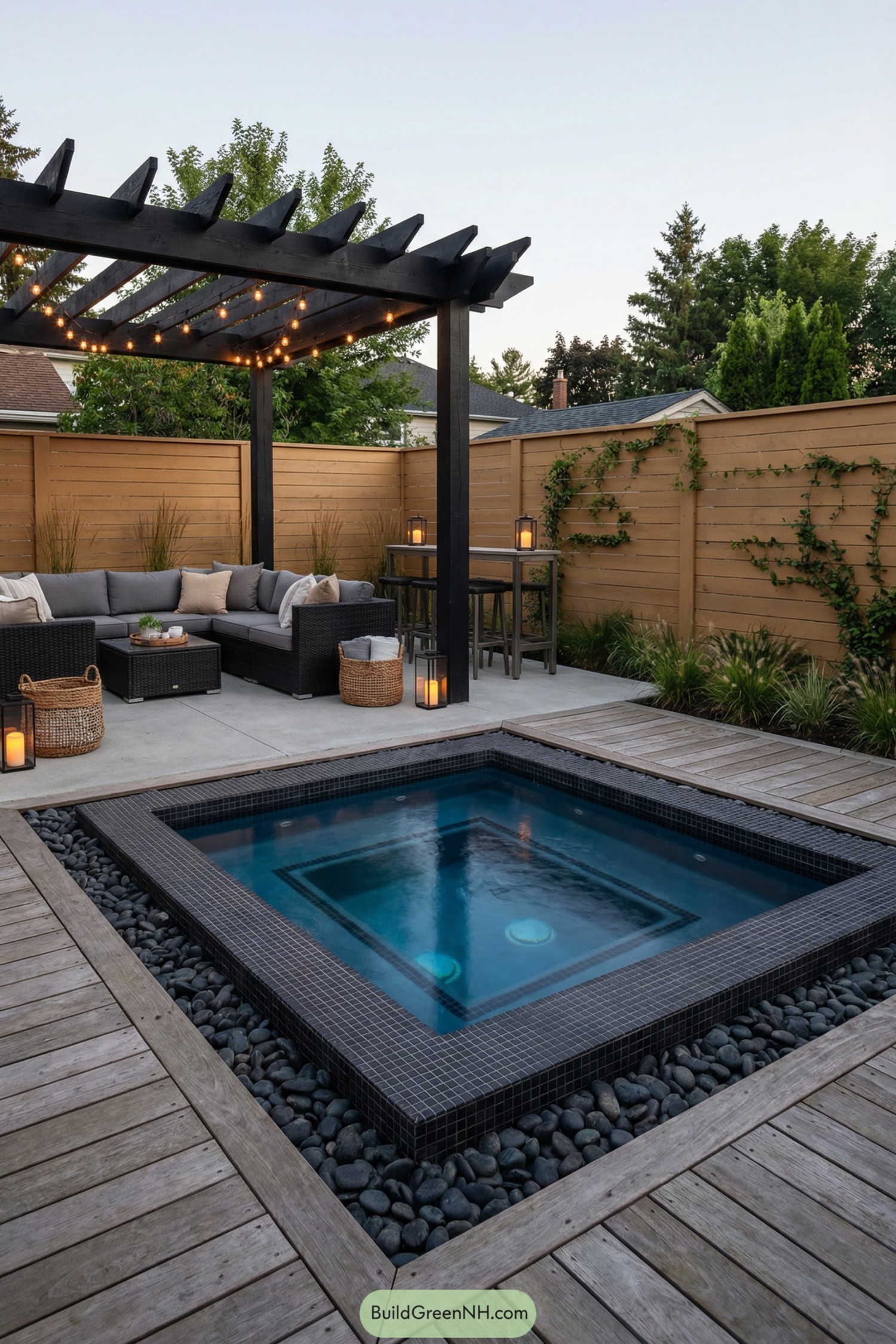 Square backyard hot tub with pergola seating area