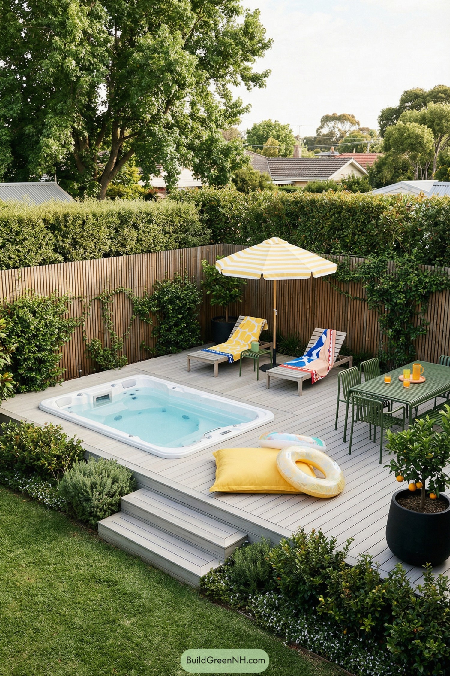 Backyard deck with sunken jacuzzi, loungers, umbrella, and outdoor dining set