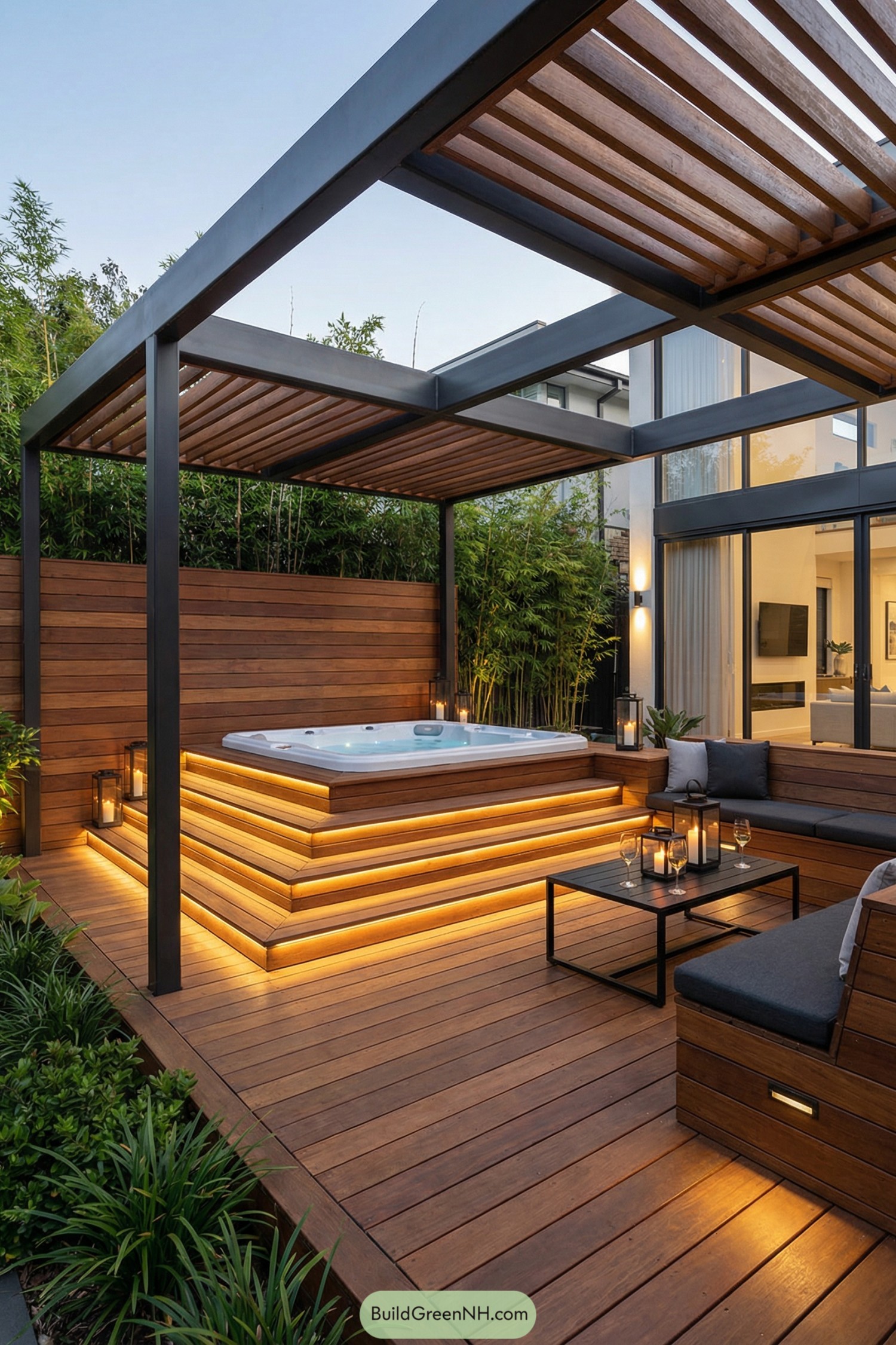 Wood deck jacuzzi with pergola and warm step lighting in a modern backyard