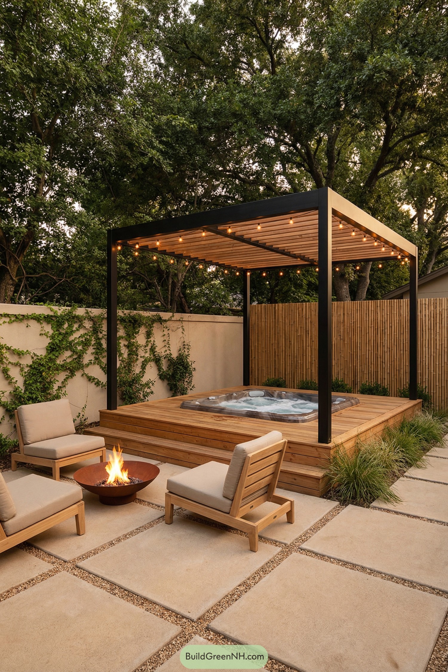 Modern backyard jacuzzi on raised wood deck under pergola with string lights and nearby fire pit seating