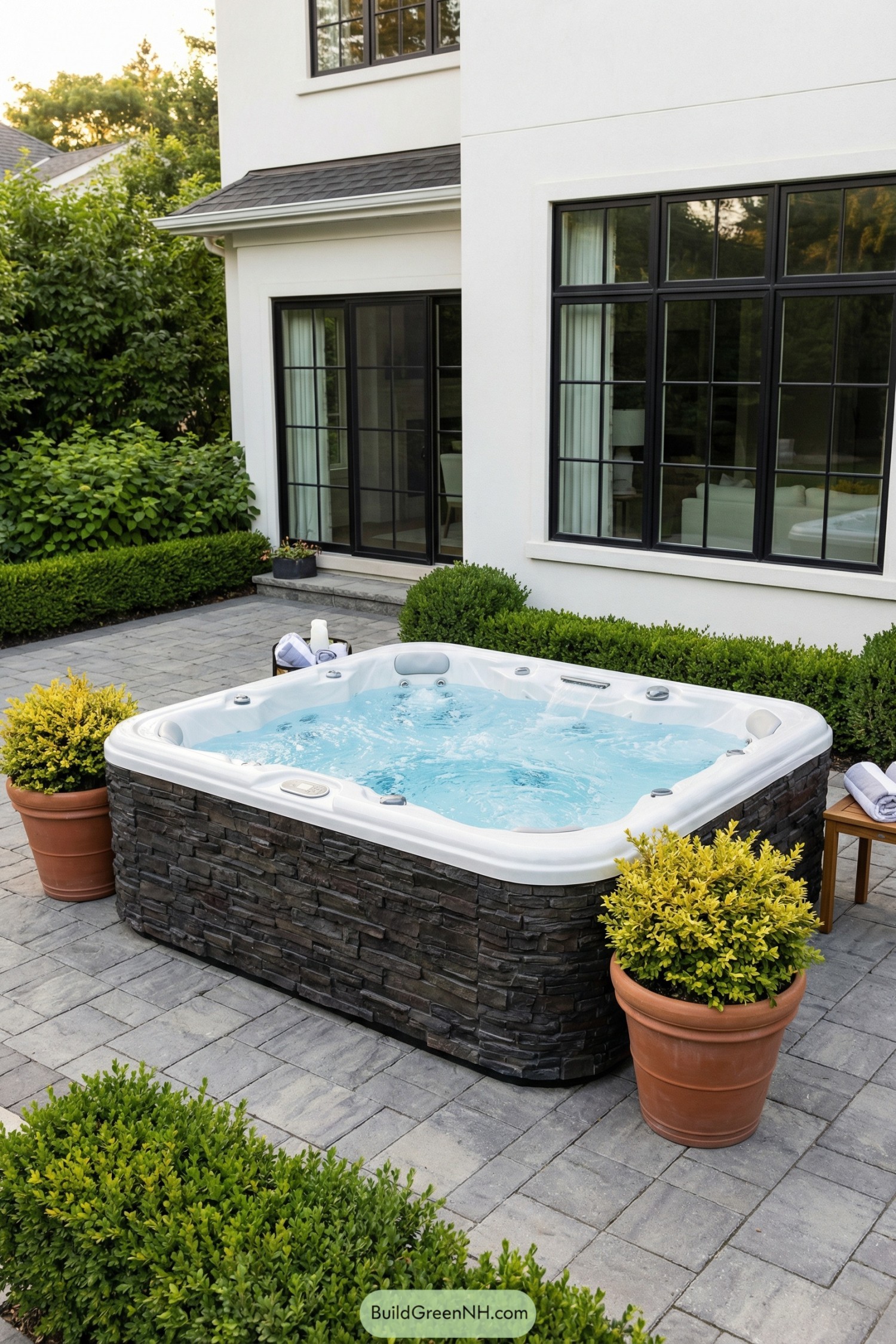 Outdoor hot tub with stone sides on a paved patio beside a modern white house and trimmed greenery