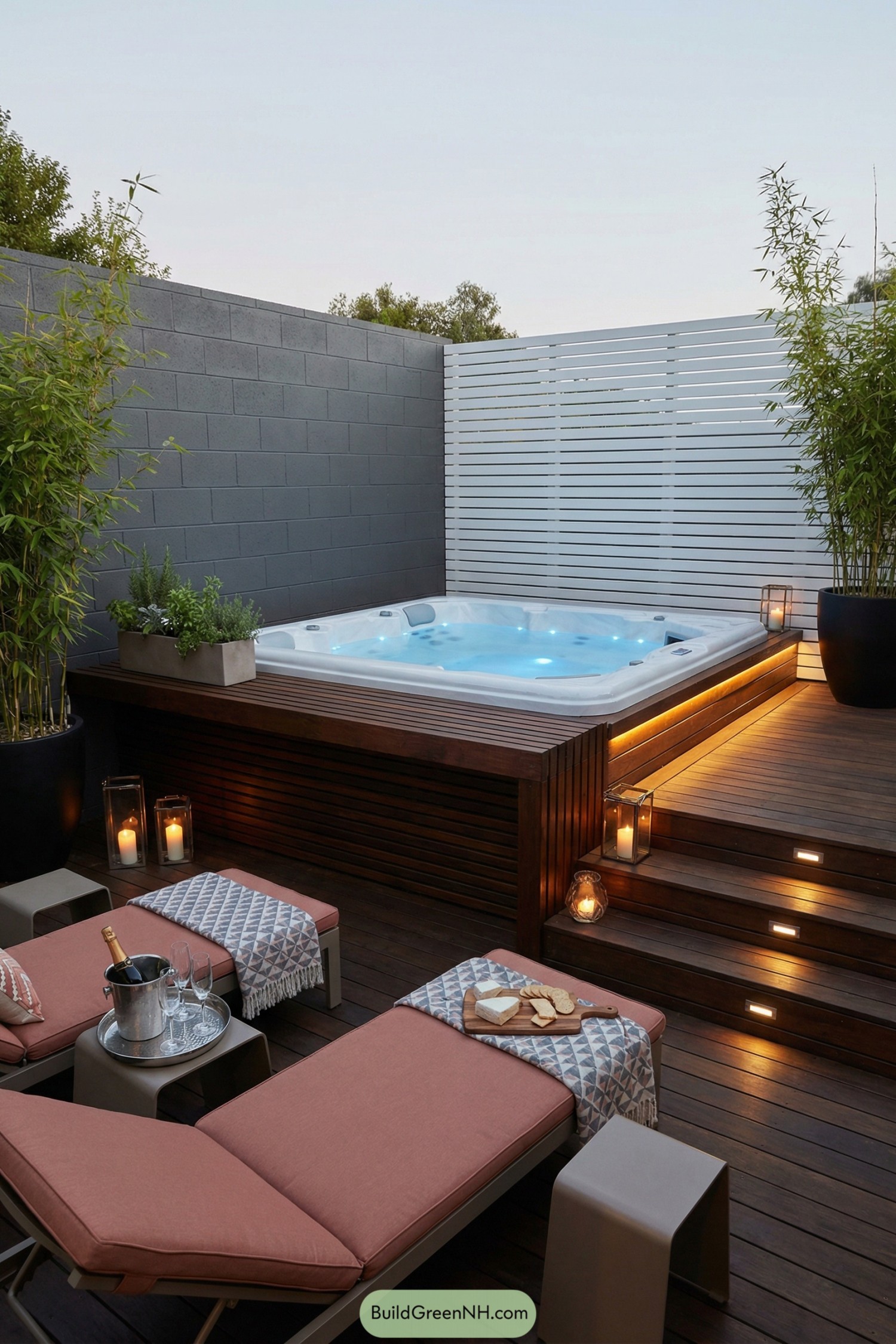 Modern backyard jacuzzi with wood deck and lounge chairs