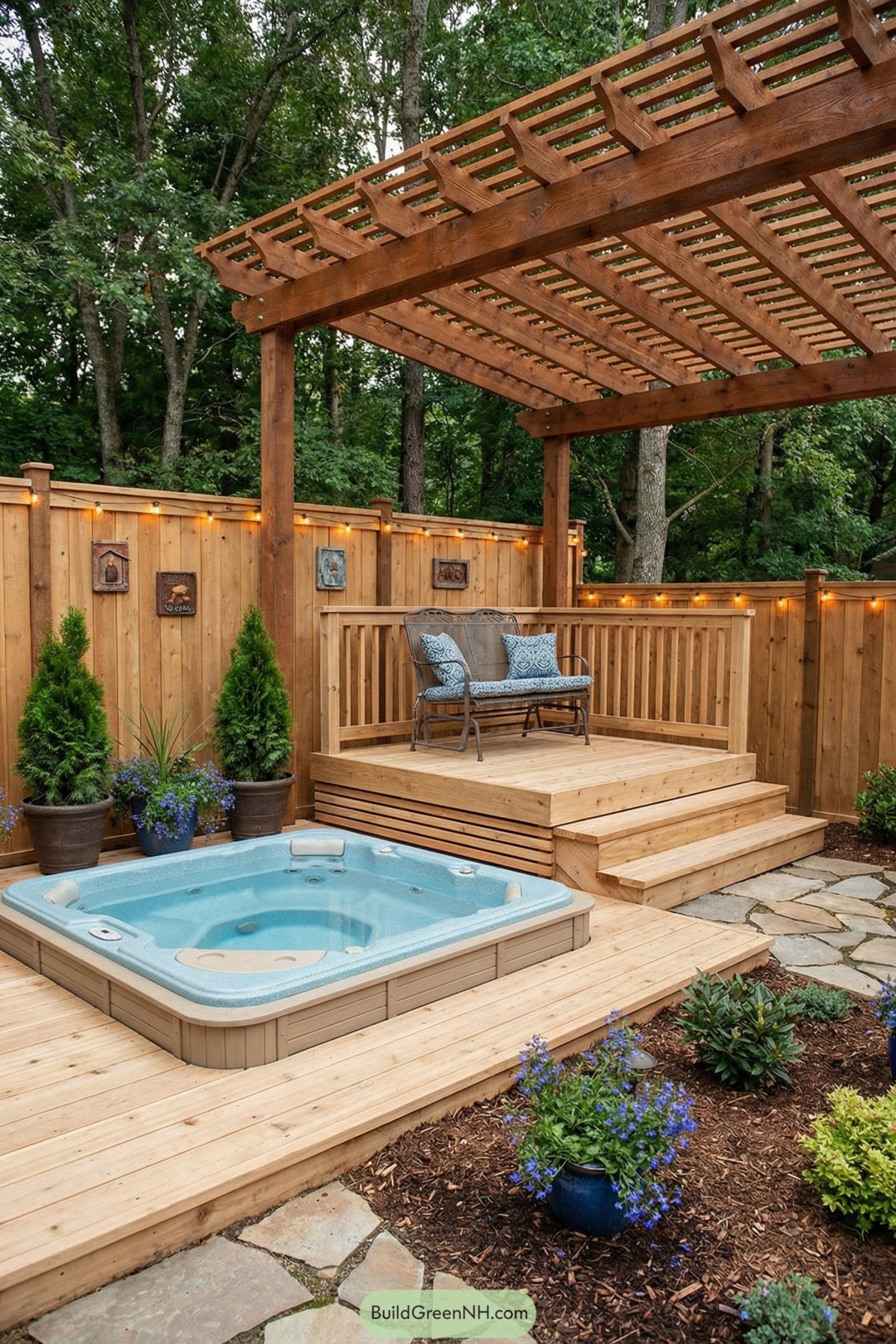 Sunken blue hot tub in a cedar deck with pergola, bench, and surrounding fence and plants