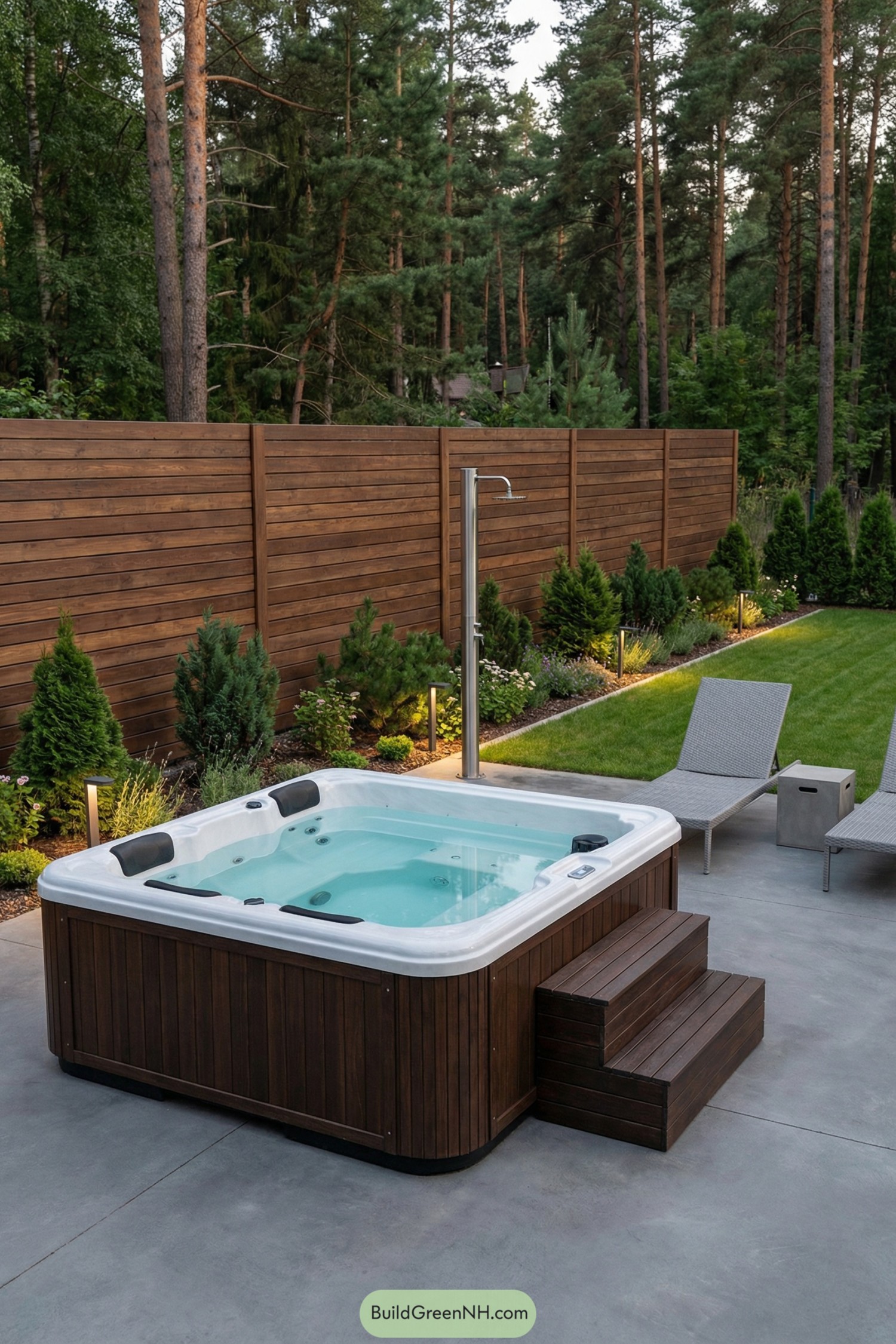 Backyard hot tub with wood cladding, loungers, shower, and privacy fence beside a landscaped lawn