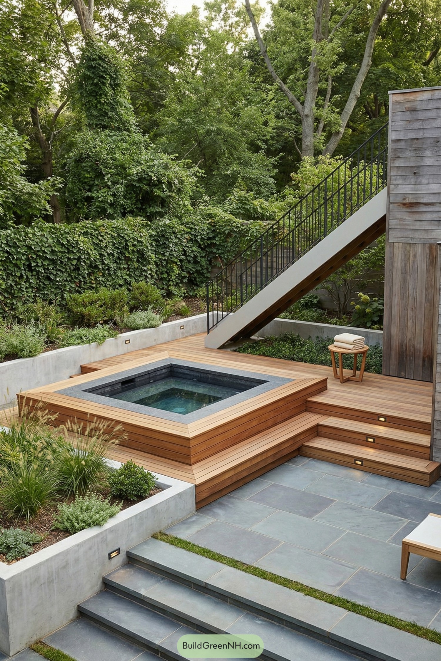 Square wooden hot tub deck with steps in a landscaped terraced backyard