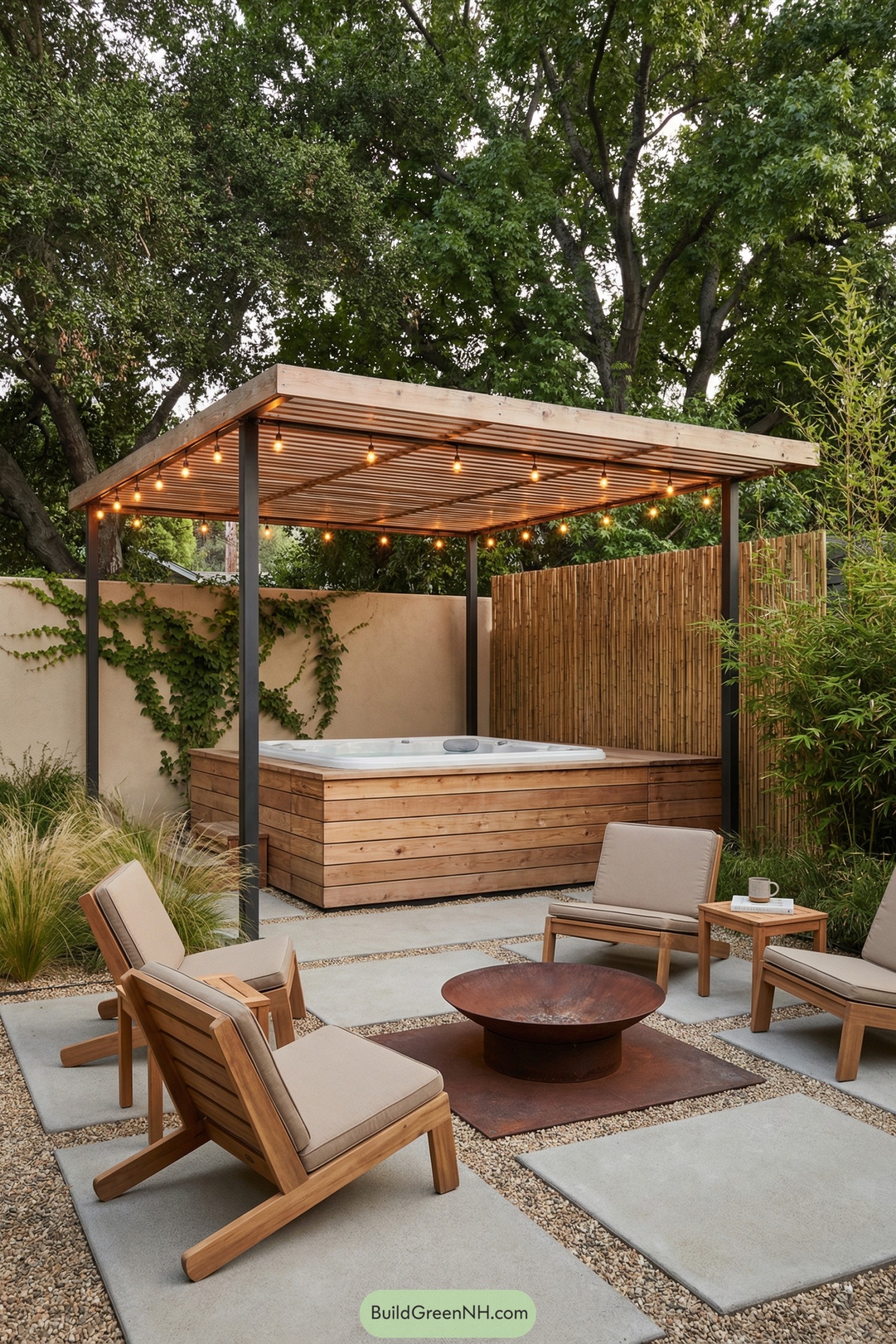 Wood pergola spa with string lights and modern seating around a fire pit