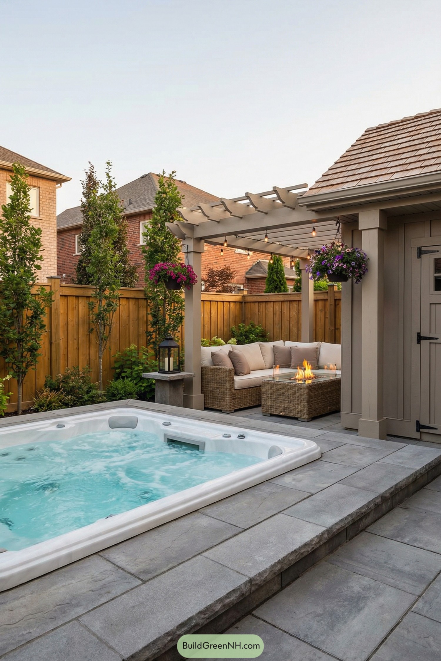 high-res photo of backyard outdoor jacuzzi with a modern–traditional patio lounge layout, warm neutral beige and taupe palette with aqua water accents, beige wood pergola with chunky posts connected to a small shed/cabana with shingled roof and paneled walls, tall honey-brown wooden privacy fence and glimpses of neighboring brick houses, large-format gray stone paver flooring with raised edge and steps, open-air covering via pergola beams, materials in painted wood, rattan, glass, and stone, woven rattan sofa set with cream cushions around a low square glass-top fire pit table, subtle string lights and a black lantern on the patio, built-in white rectangular hot tub flush to the pavers with active jets and bubbling water, hanging flower baskets in magenta and purple plus a line of slender trees and leafy shrubs along the fence for a lush garden backdrop, single real-life photo, high-resolution, soft lighting, cinematic composition, strictly no collages.