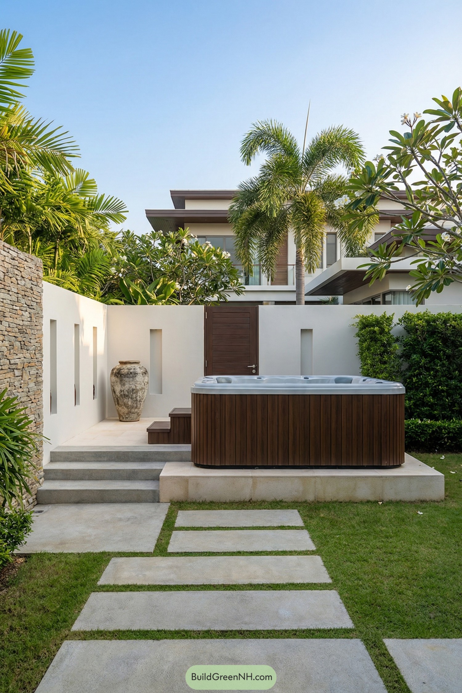 Modern backyard jacuzzi set on raised patio with tropical plants and privacy walls