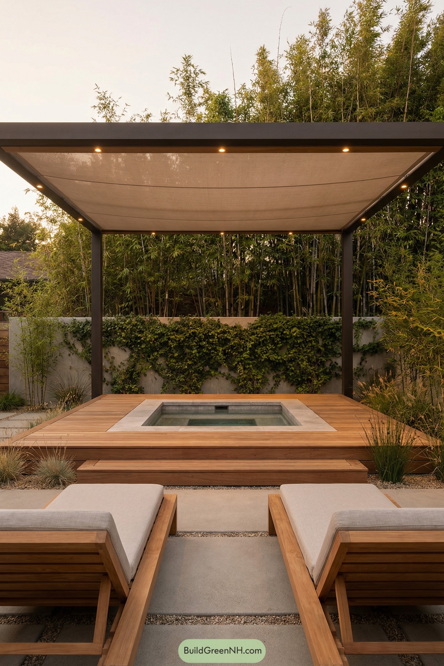 Modern backyard hot tub deck under pergola with loungers and lush greenery
