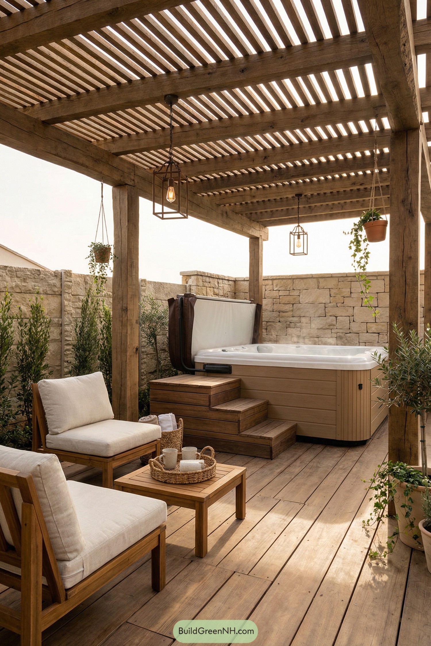 Wood pergola hot tub nook with stone walls and cozy seating