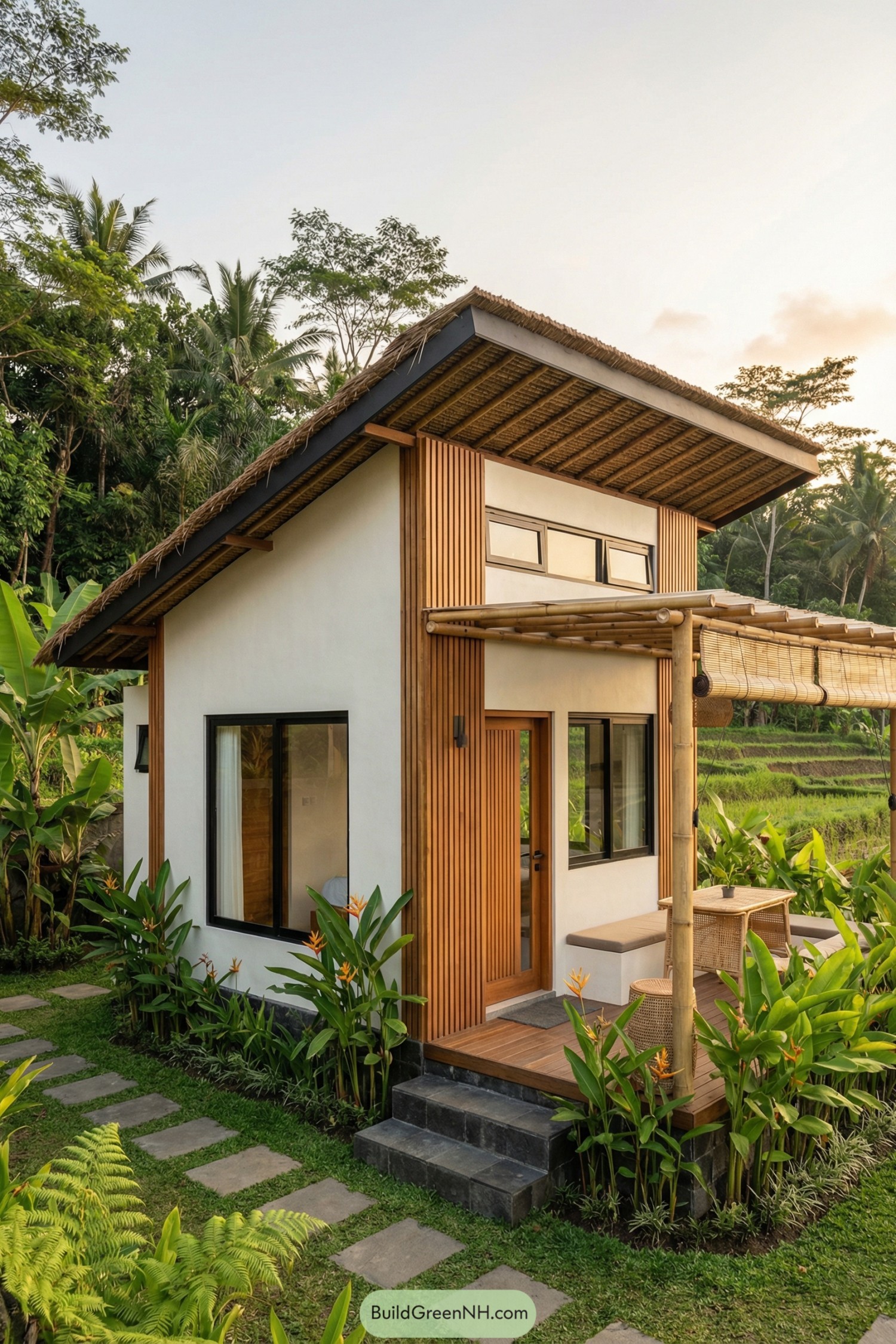Compact tropical tiny house with bamboo porch and large windows beside lush rice fields
