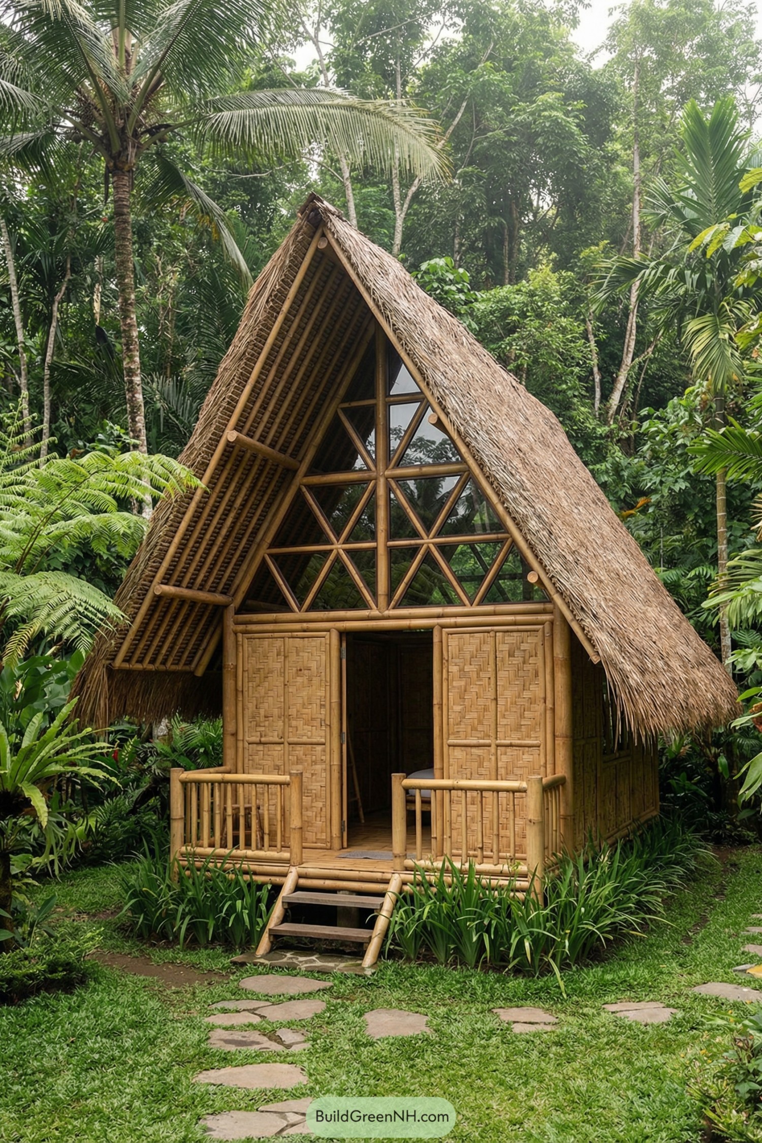 Bamboo A-frame hut with thatched roof in lush tropical garden